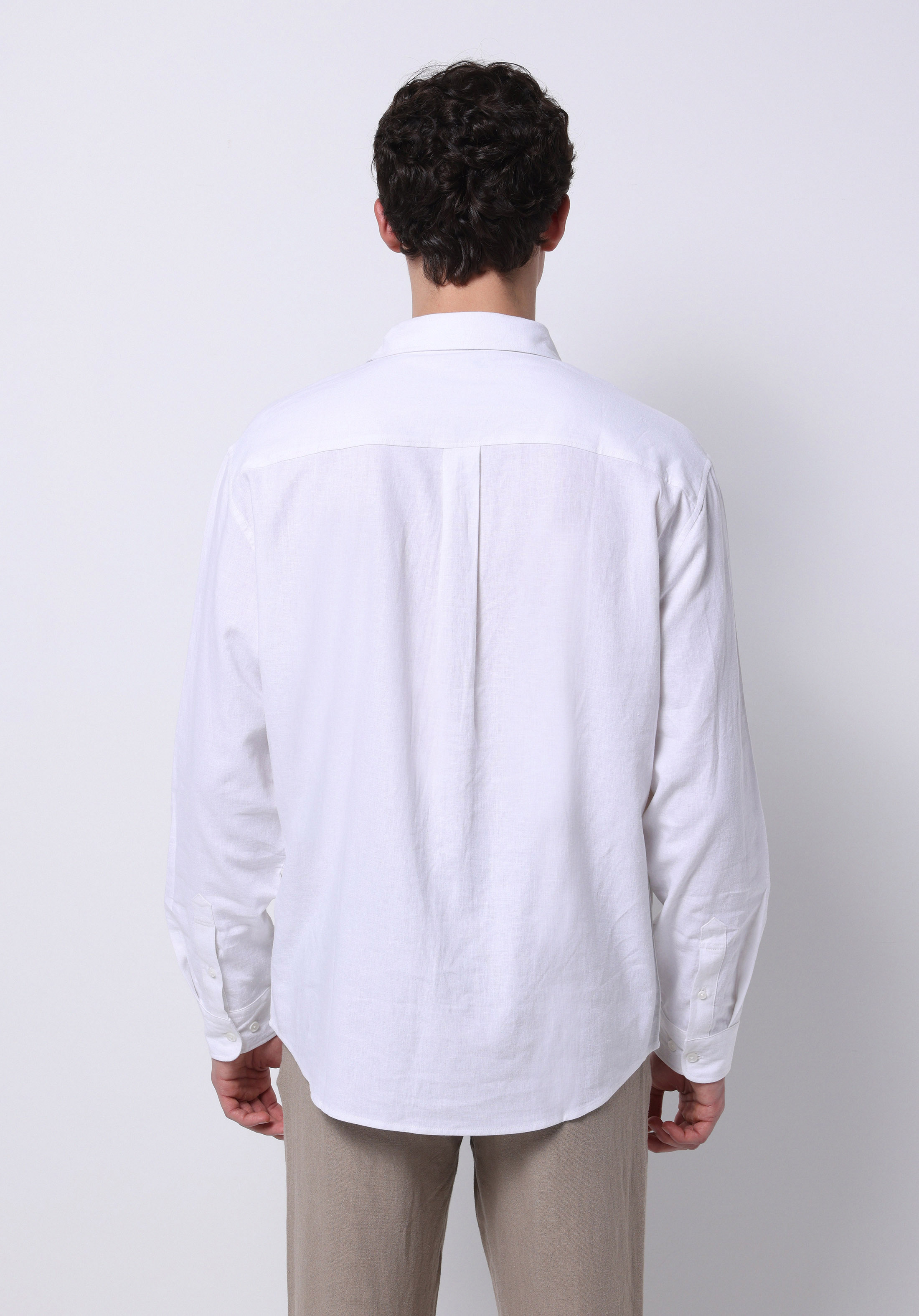Relaxed Fit Shirt Neck Düz Erkek Keten Karışımlı Beyaz Uzun Kol Gömlek