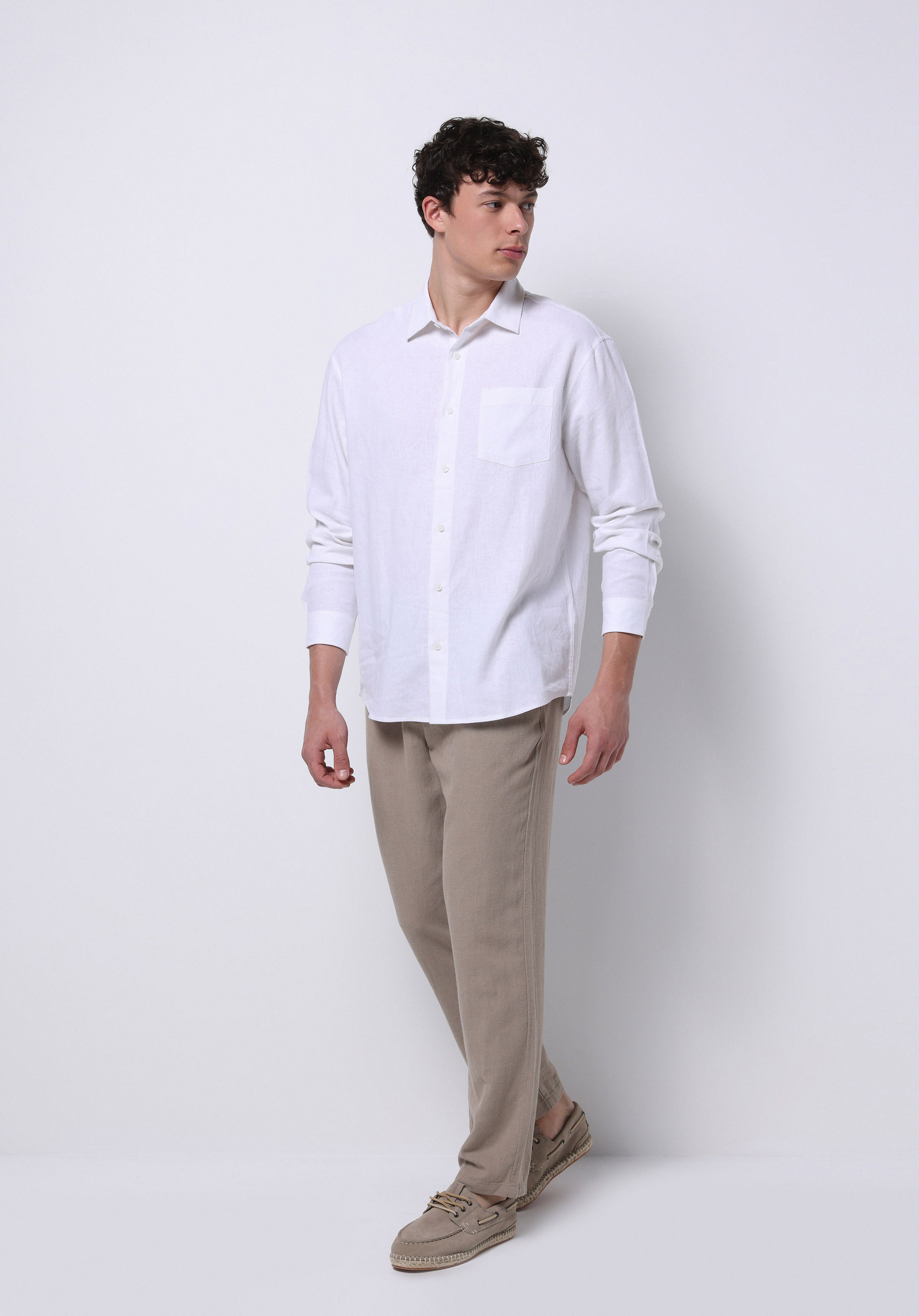 Relaxed Fit Shirt Neck Düz Erkek Keten Karışımlı Beyaz Uzun Kol Gömlek