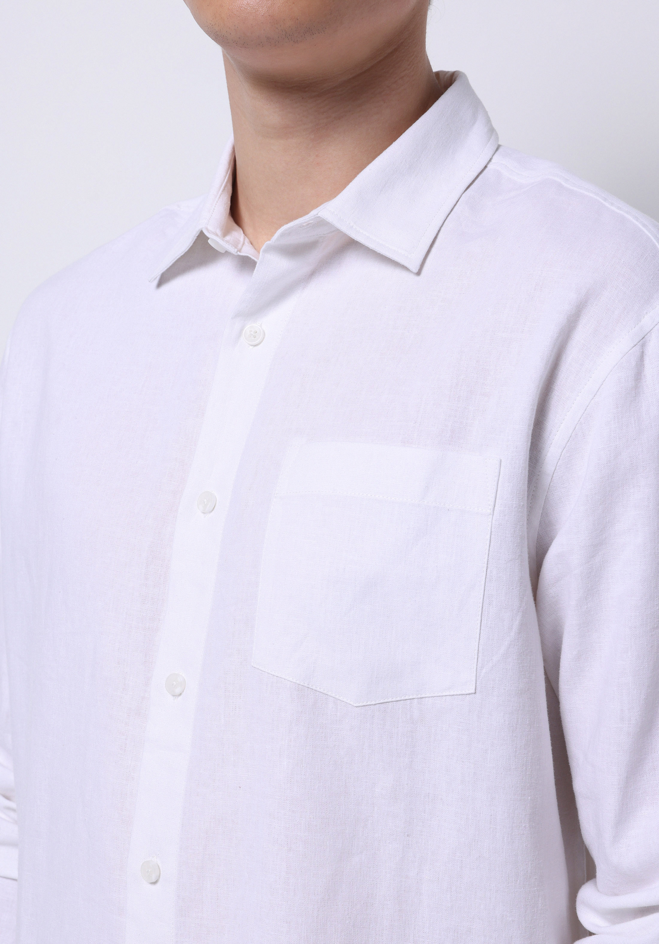 Relaxed Fit Shirt Neck Düz Erkek Keten Karışımlı Beyaz Uzun Kol Gömlek