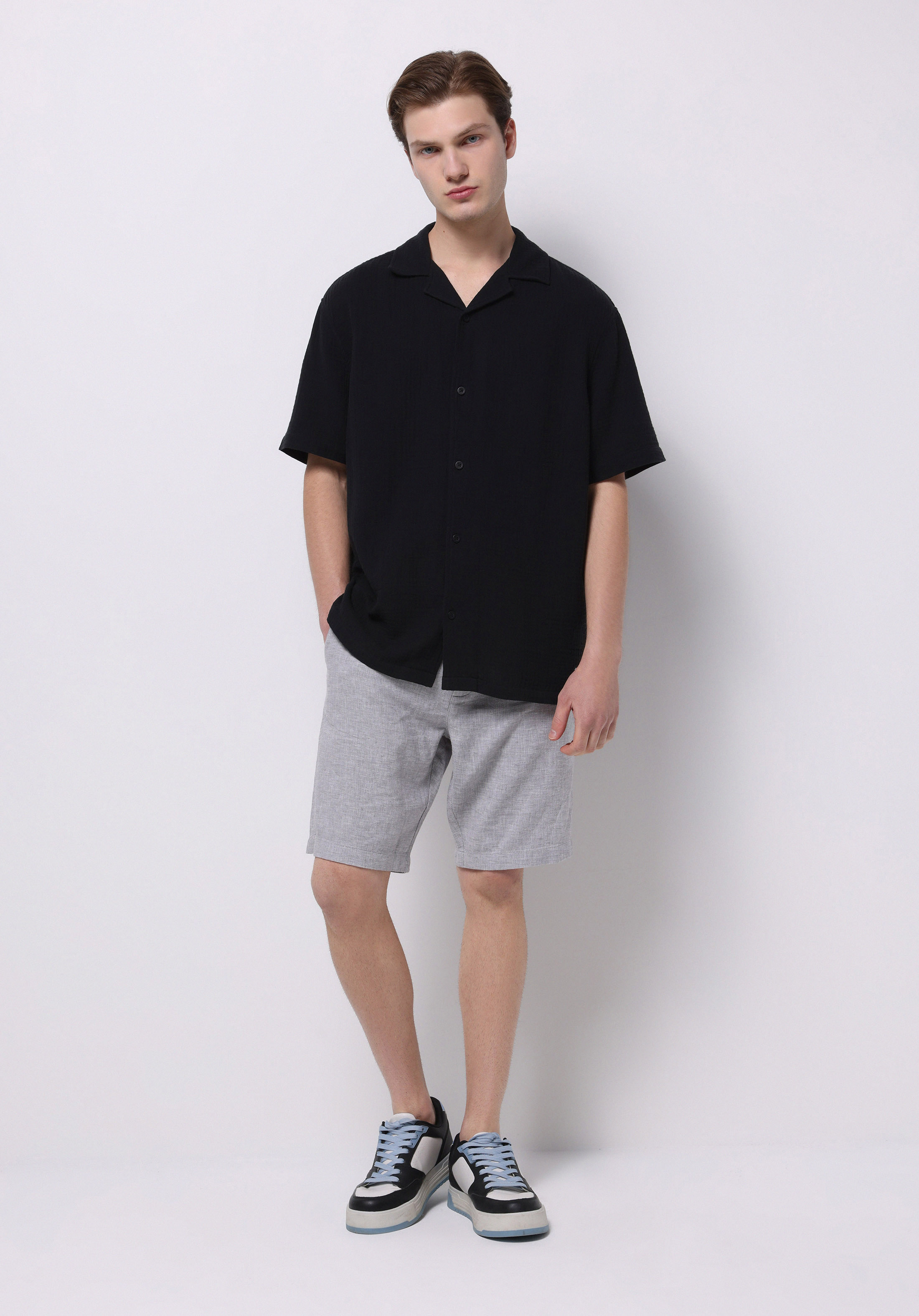 Regular Fit Orta Bel Düz Erkek Keten Karışımlı Gri Şort