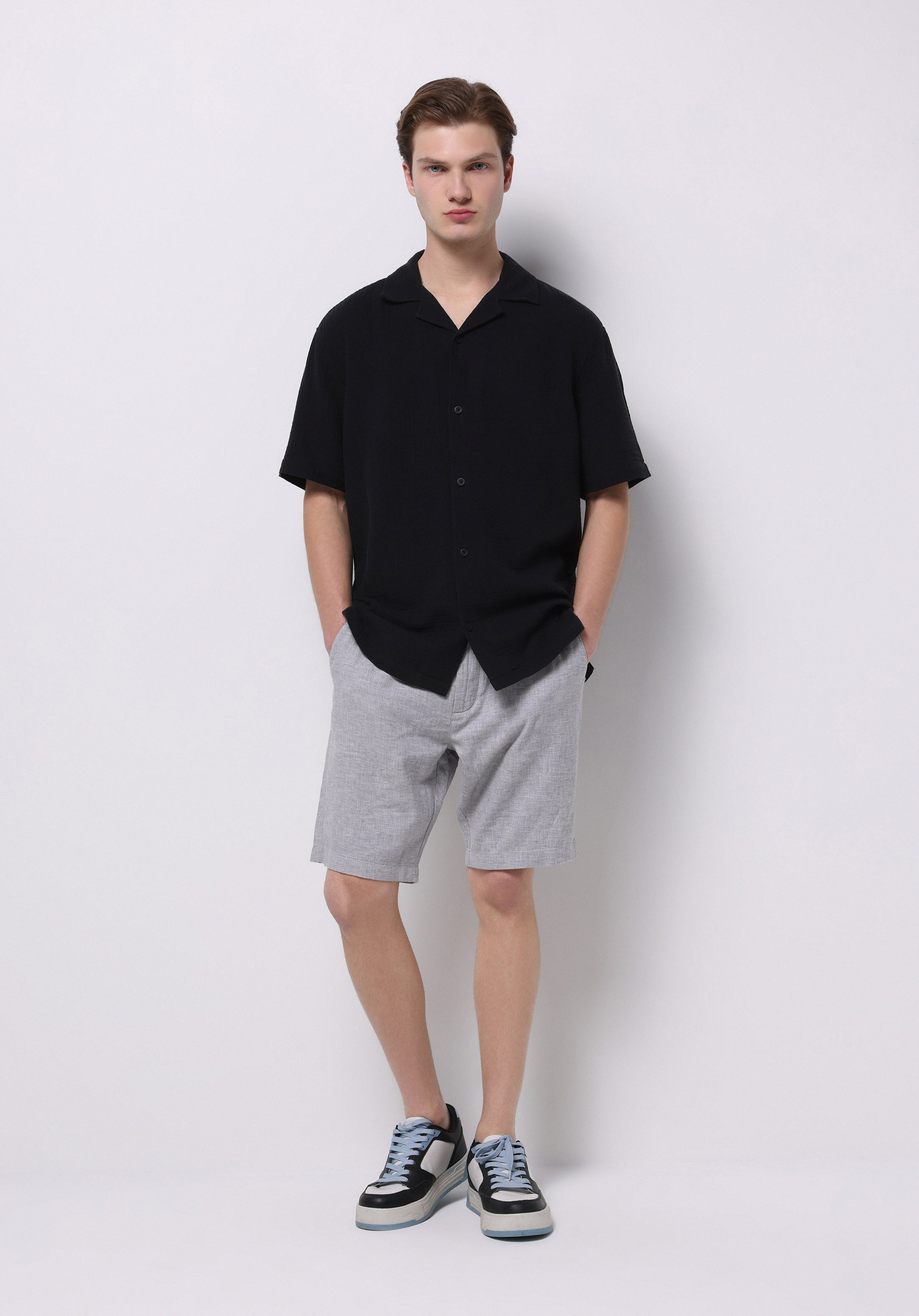 Regular Fit Orta Bel Düz Erkek Keten Karışımlı Gri Şort