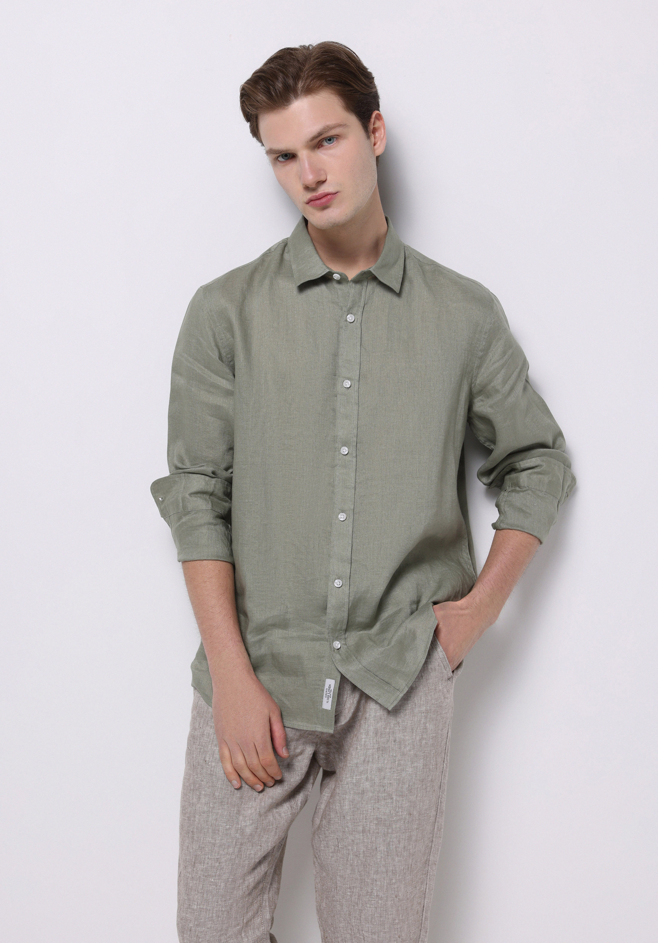 Regular Fit Shirt Neck Düz Erkek Keten Karışımlı Yeşil Uzun Kol Gömlek