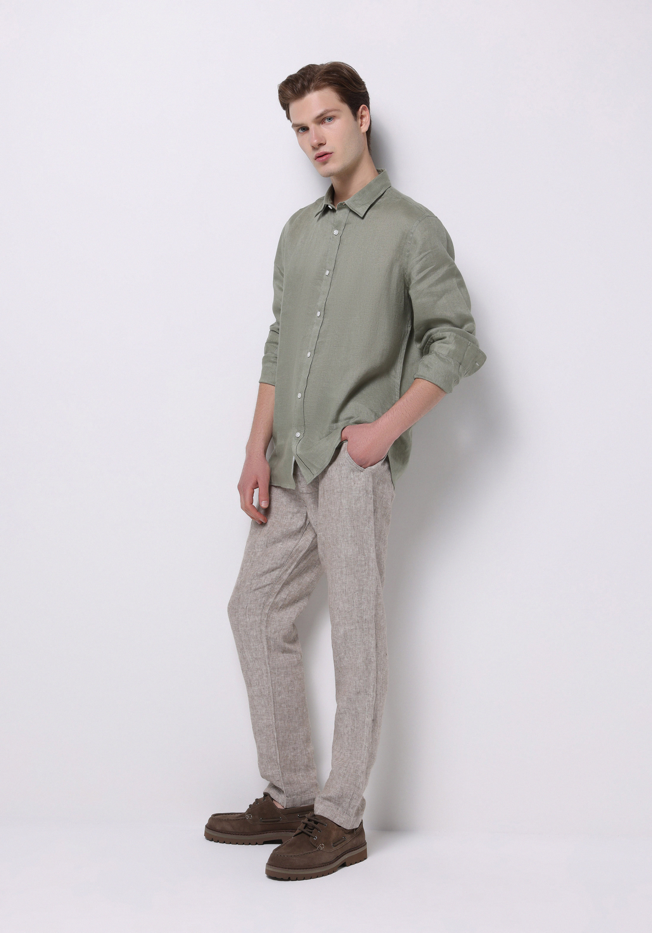Regular Fit Shirt Neck Düz Erkek Keten Karışımlı Yeşil Uzun Kol Gömlek