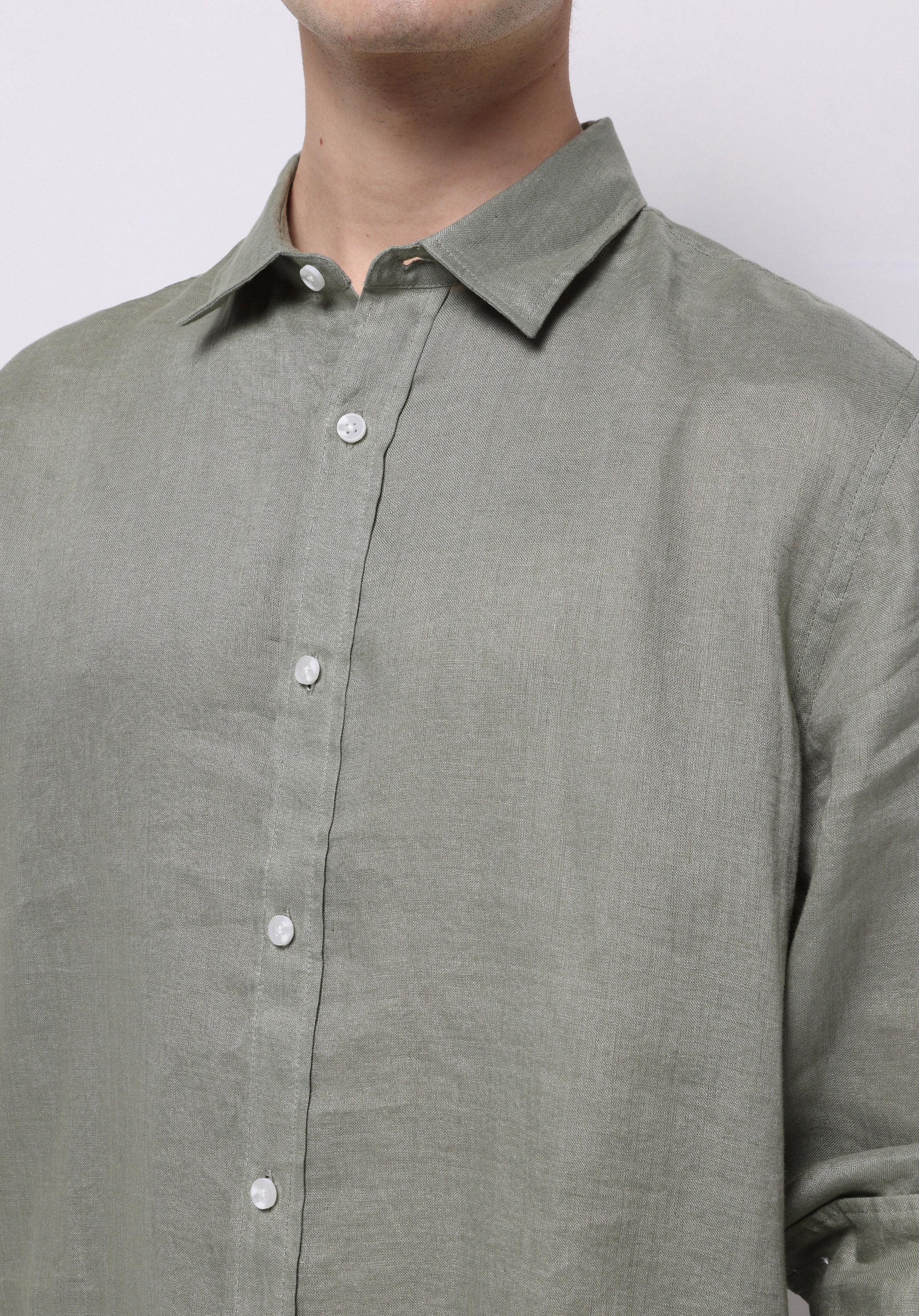 Regular Fit Shirt Neck Düz Erkek Keten Karışımlı Yeşil Uzun Kol Gömlek