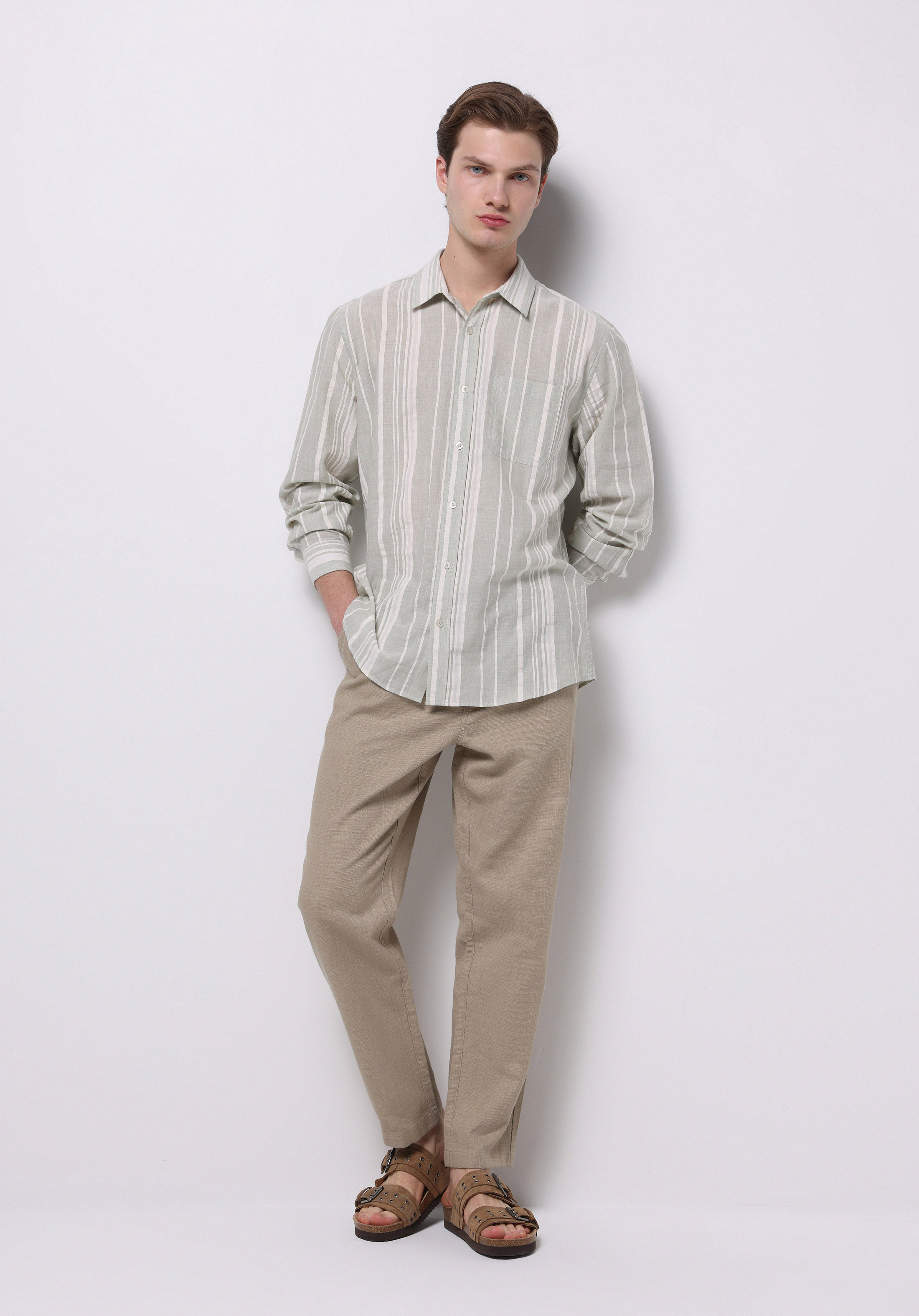 Regular Fit Shirt Neck Çizgili Erkek Yeşil Uzun Kol Gömlek