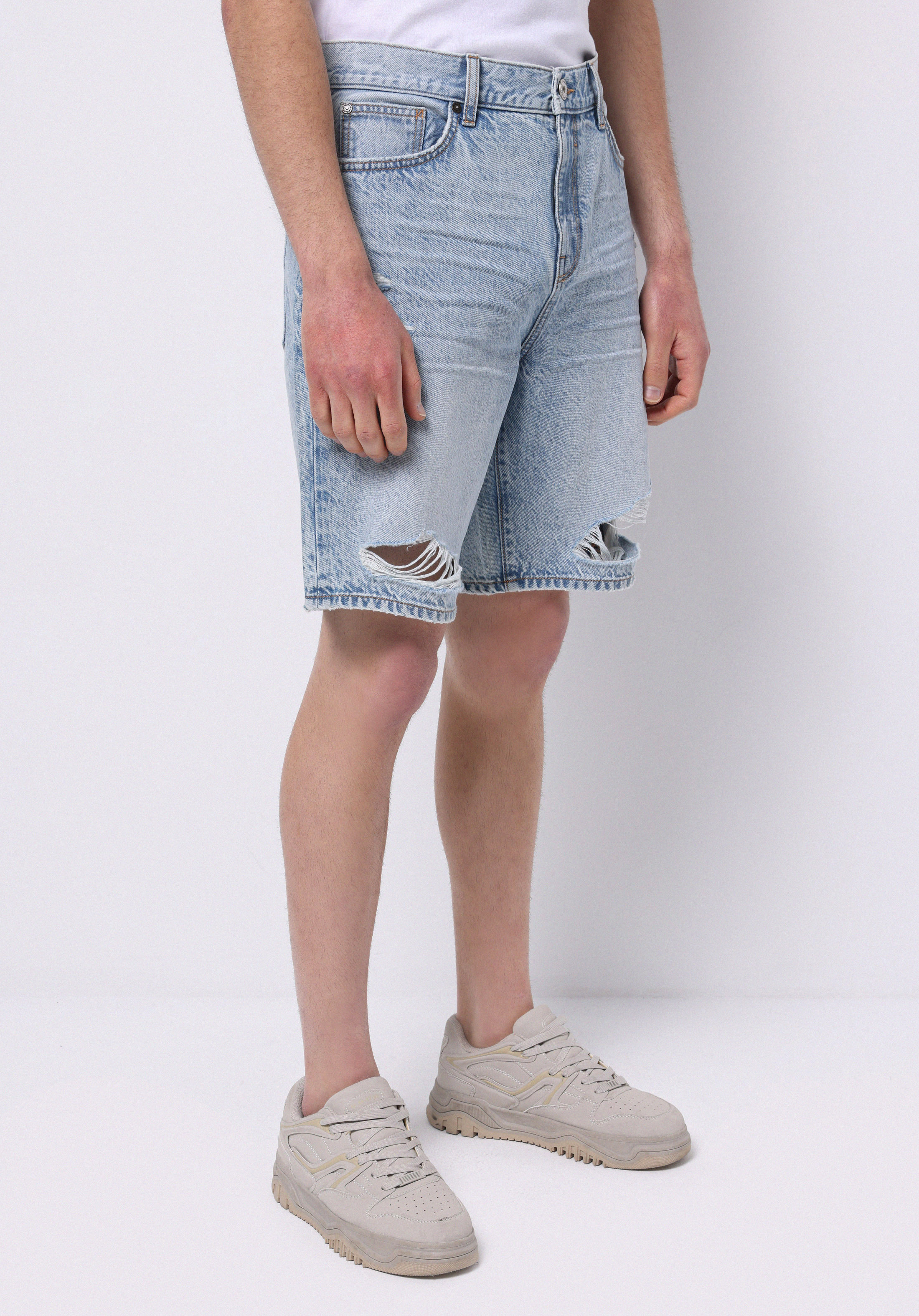 Loose Straight Fit Orta Bel Düz Erkek İndigo Jean Şort