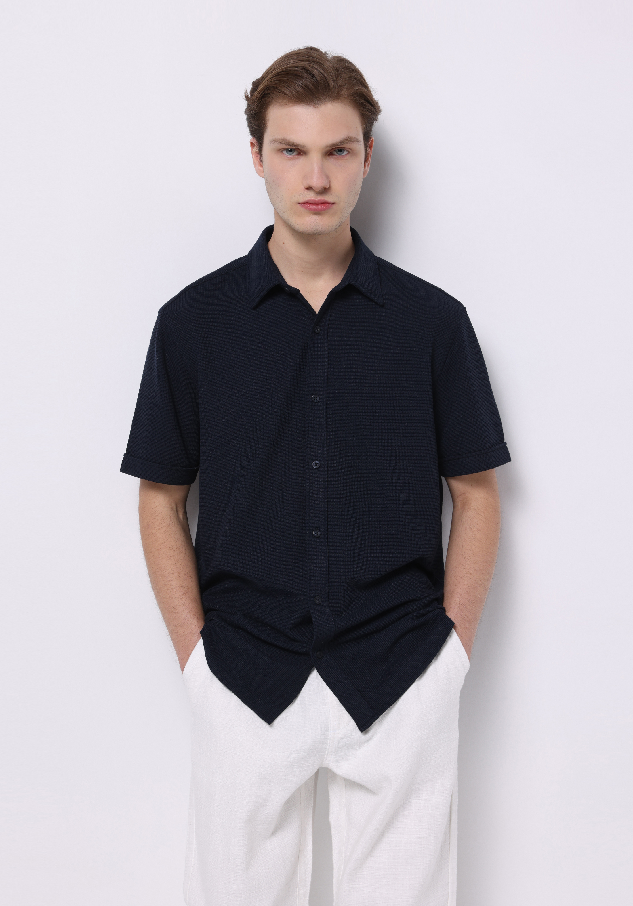 Regular Fit Shirt Neck Jakarlı Erkek Lacivert Kısa Kol Gömlek