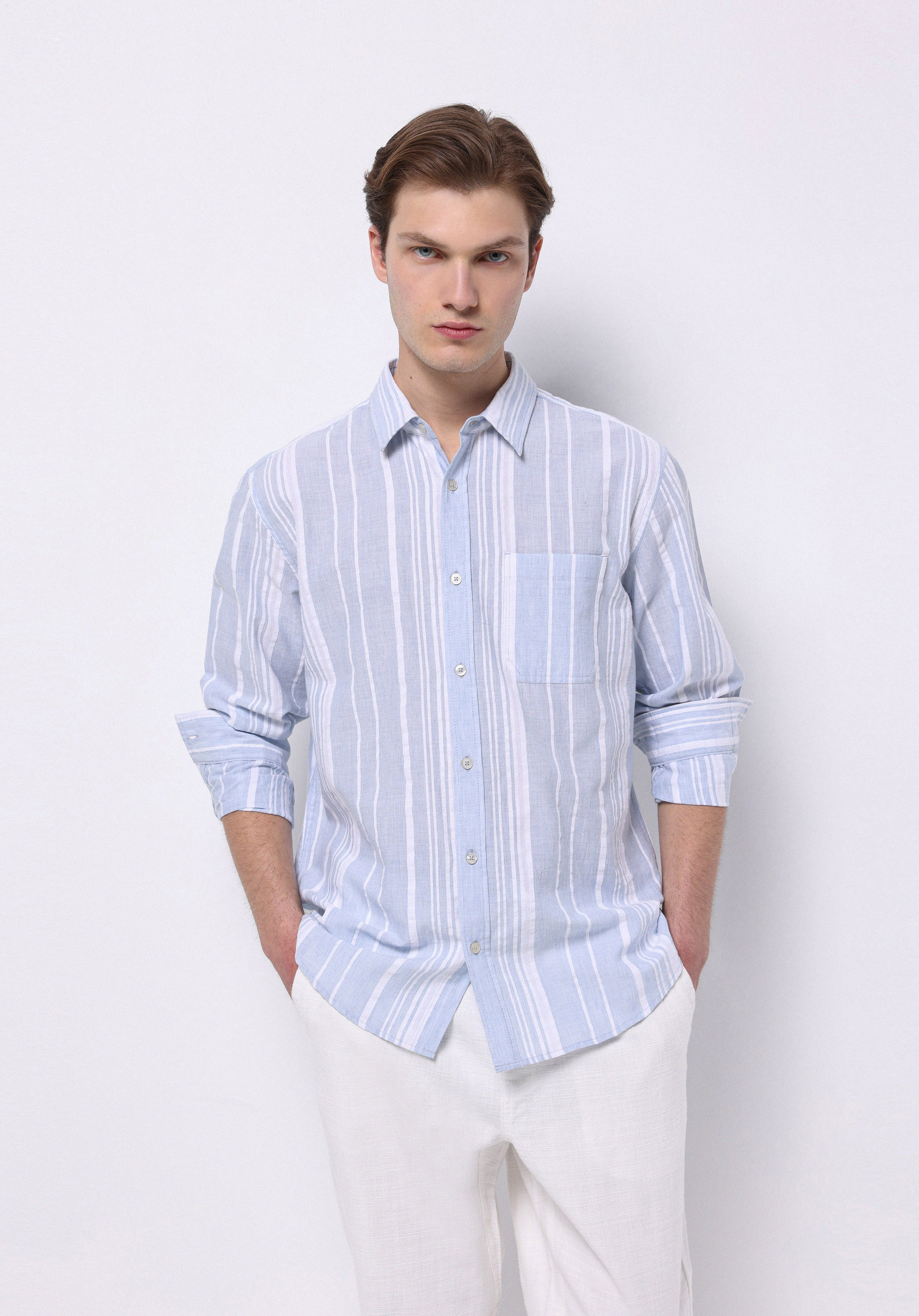 Regular Fit Shirt Neck Çizgili Erkek Açik Mavi Uzun Kol Gömlek