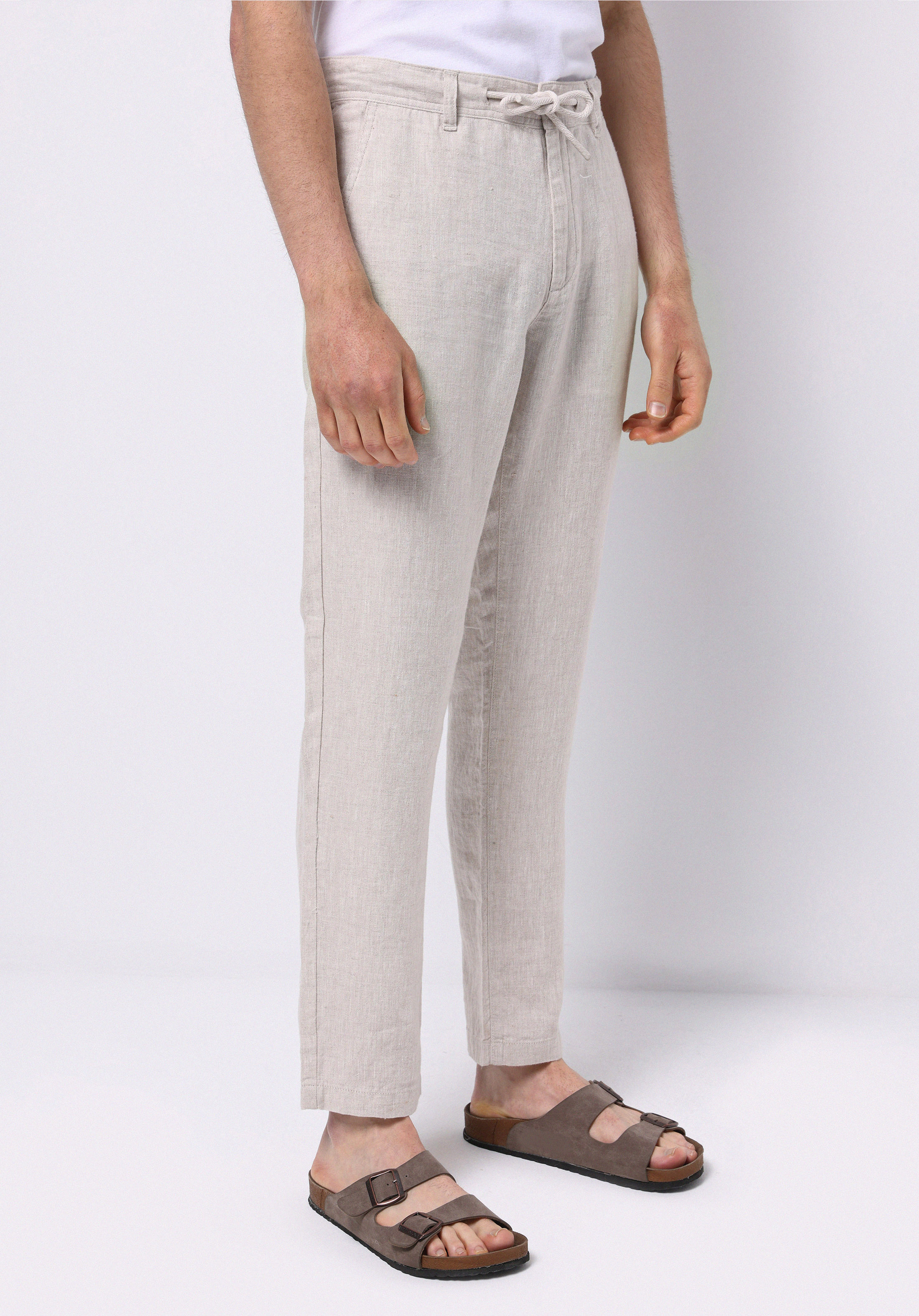 Regular Fit Orta Bel Uzun Paça Erkek Keten Taş  Pantolon
