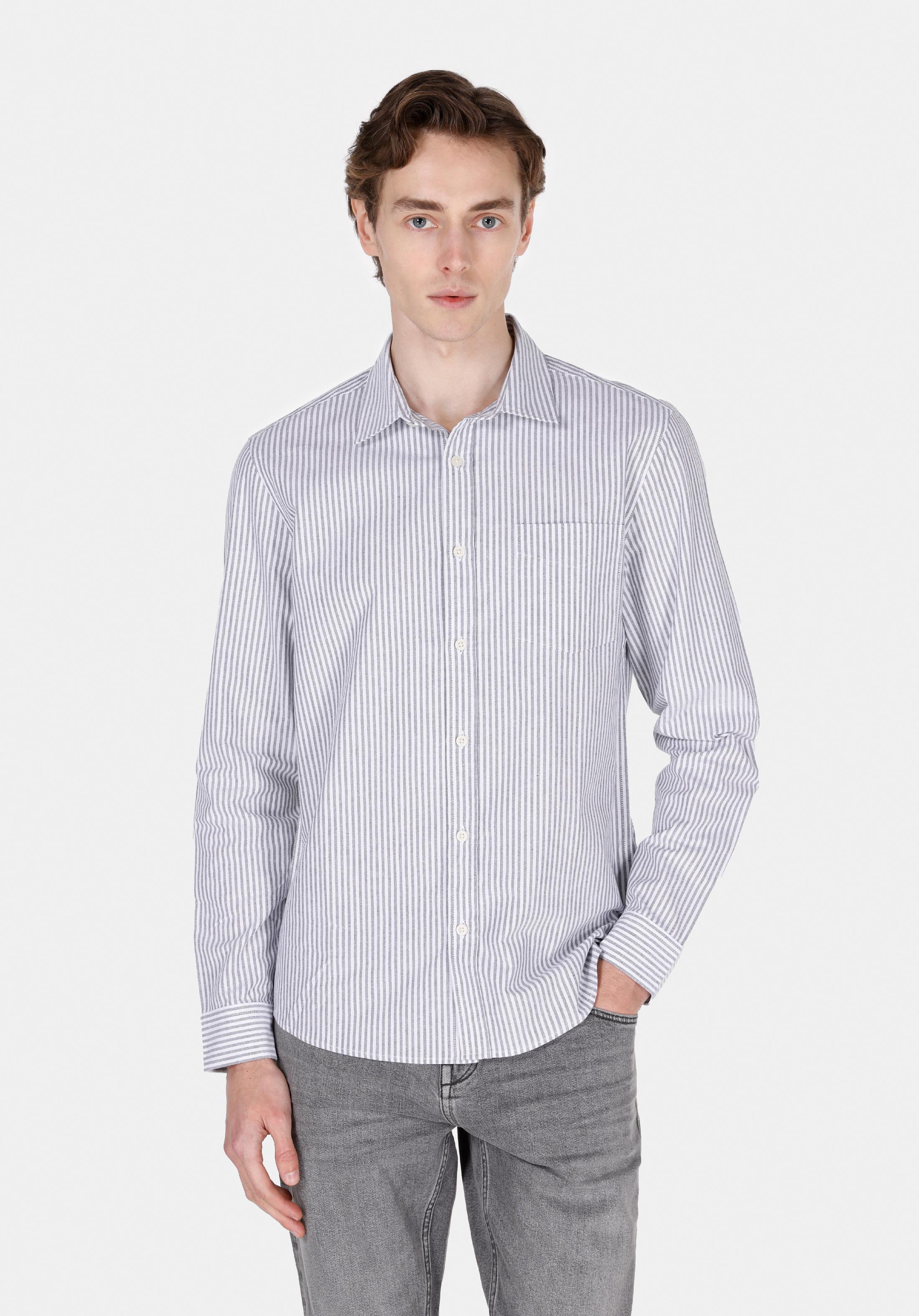 Slim Fit Shirt Neck Çizgili Erkek Gri Uzun Kol Gömlek