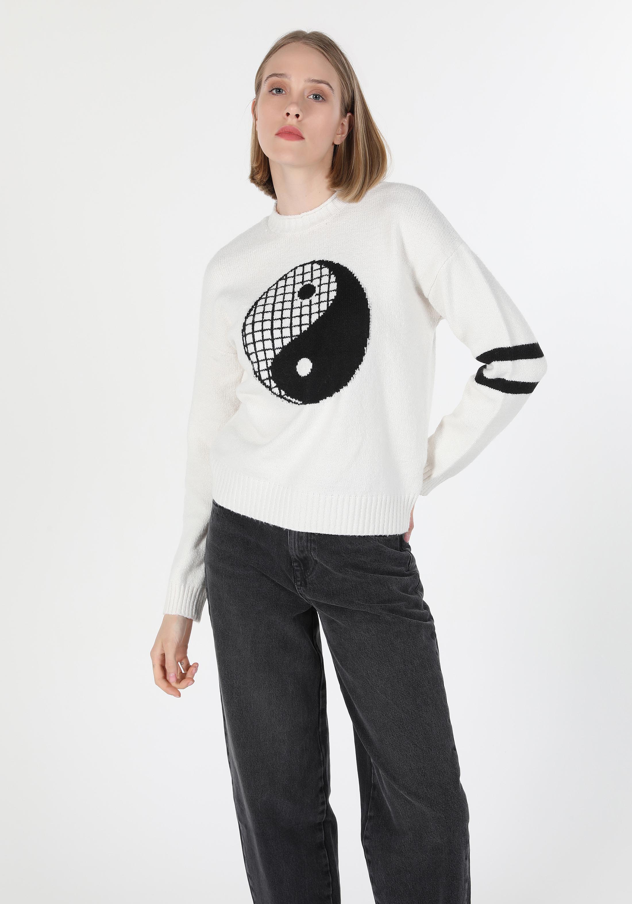 Regular Fit Dik Yaka Baskılı Kadın Beyaz Kazak