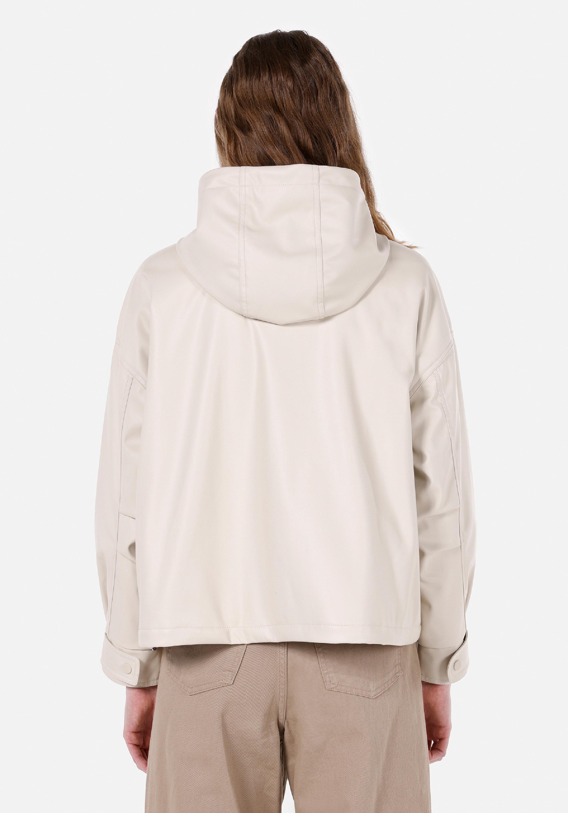 Regular Fit Kapüşonlu Fermuarlı Astarlı Kaplamalı Kadın Ekru Mont Pu