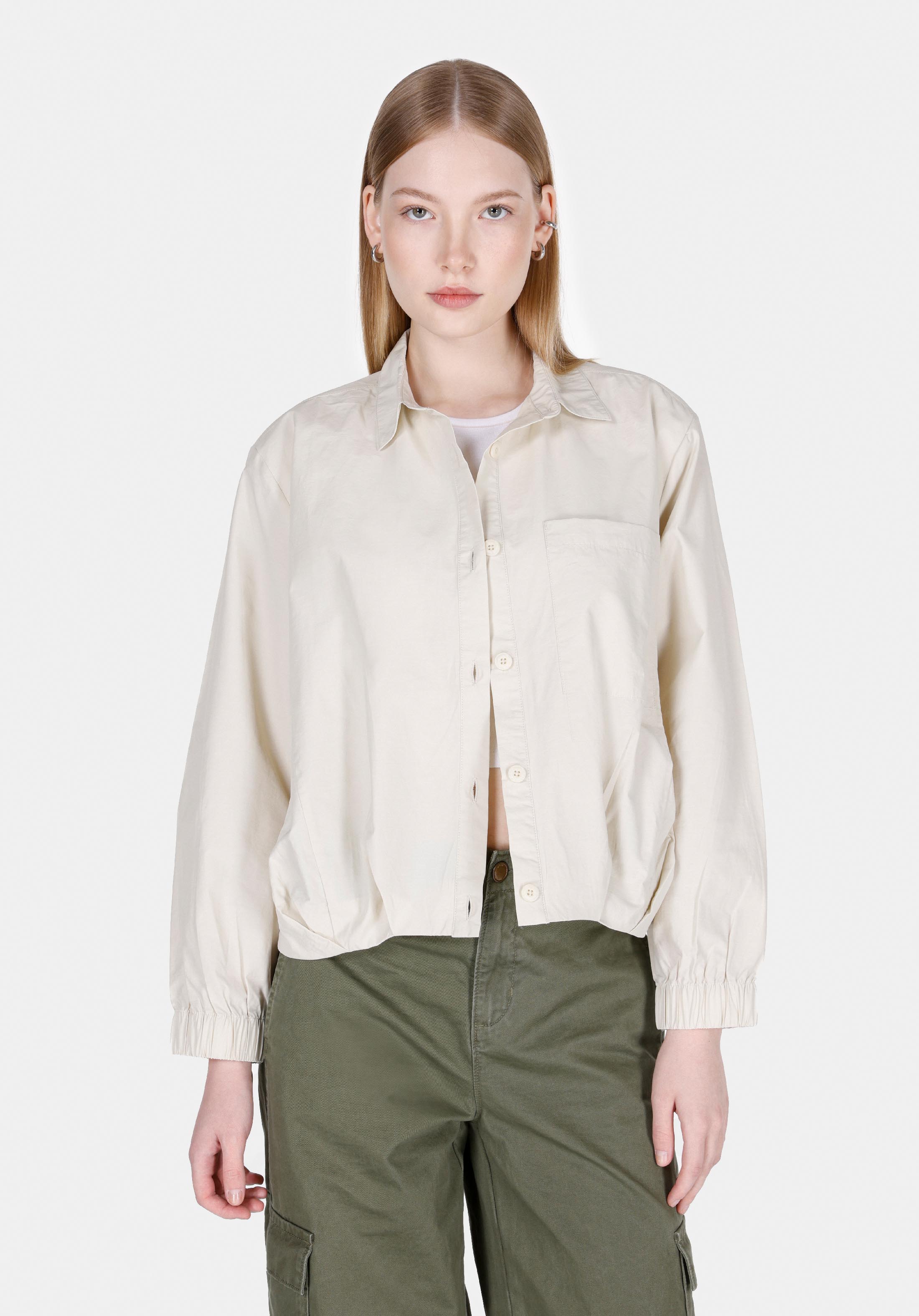 Regular Fit Shirt Neck Düz Kadın Bej Uzun Kol Gömlek