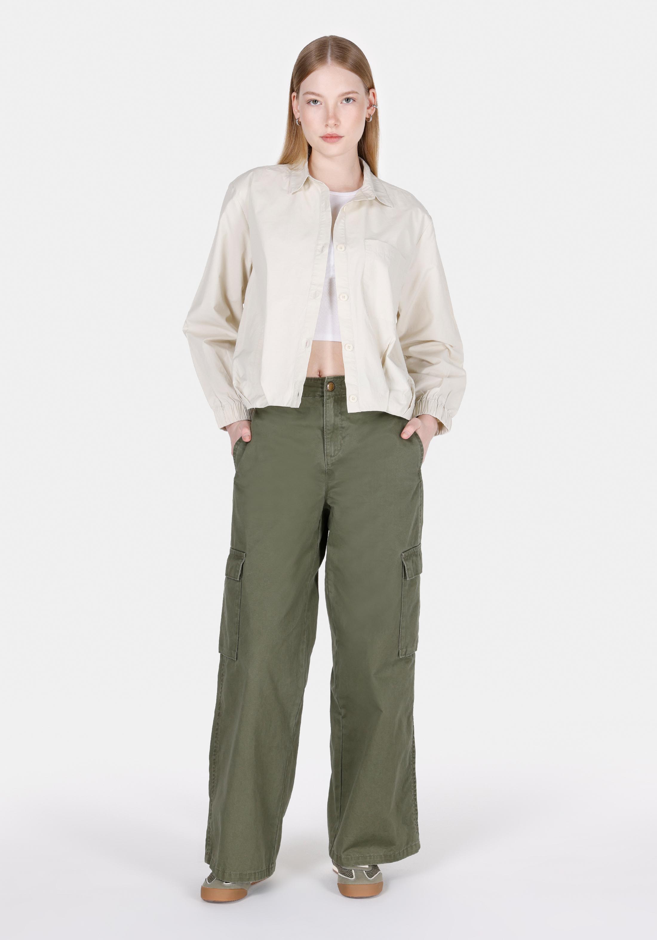 Regular Fit Shirt Neck Düz Kadın Bej Uzun Kol Gömlek