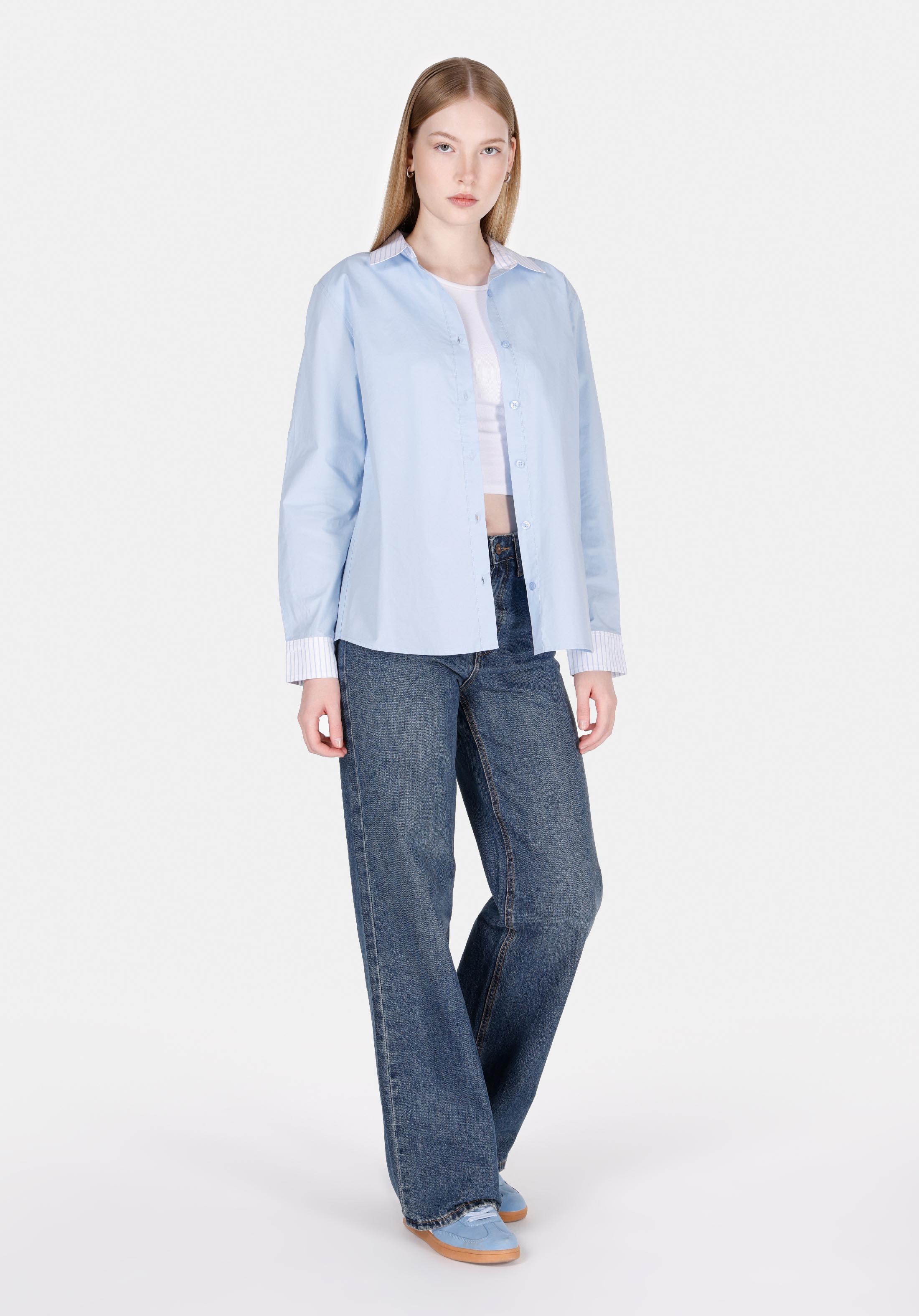 Regular Fit Shirt Neck Çizgili Kadın Mavi Uzun Kol Gömlek