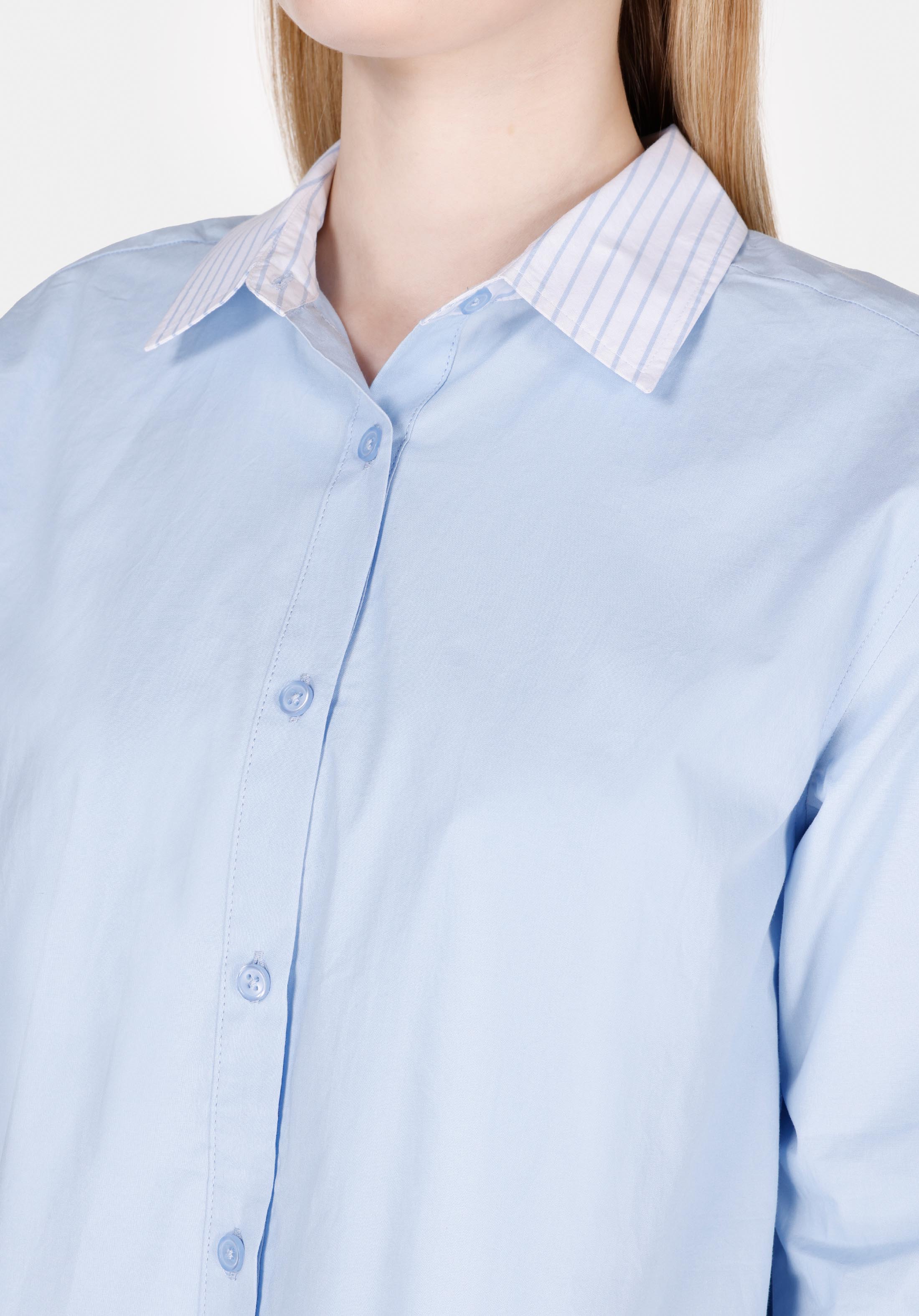 Regular Fit Shirt Neck Çizgili Kadın Mavi Uzun Kol Gömlek