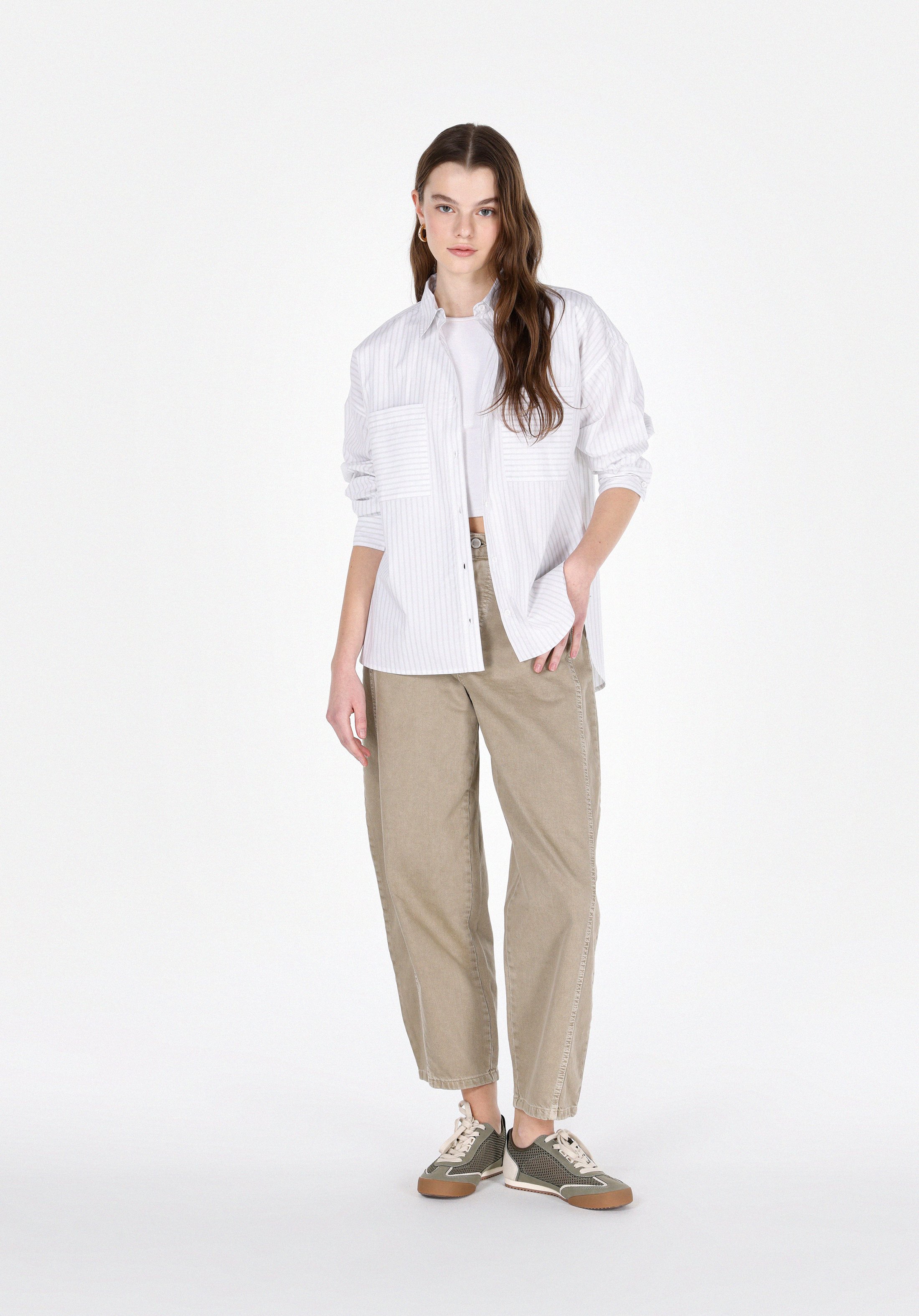 Regular Fit Shirt Neck Çizgili Kadın Beyaz Uzun Kol Gömlek