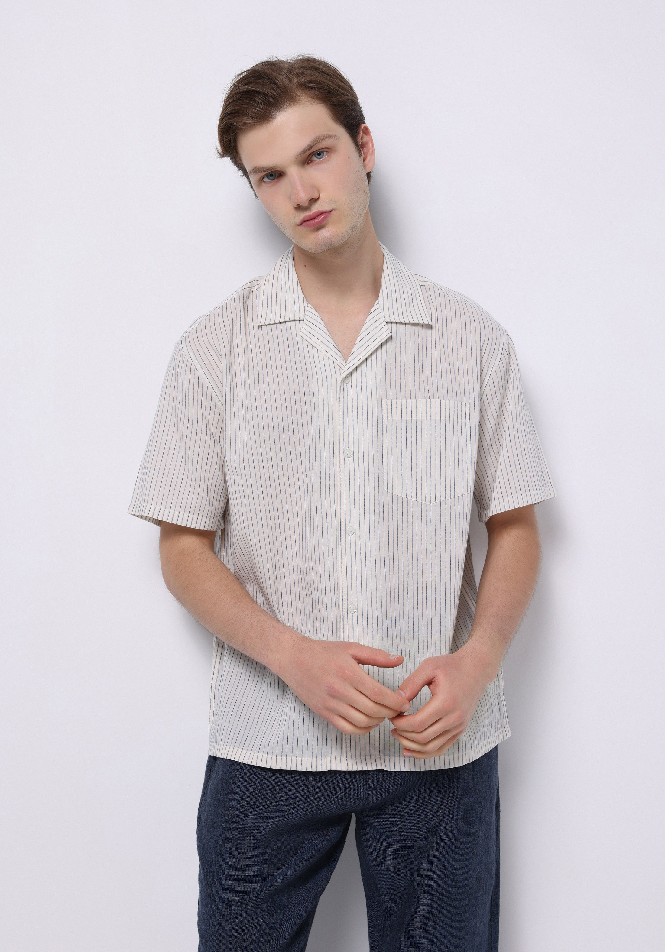 Boxy Fit Shirt Neck Çizgili Erkek Mavi Kısa Kol Gömlek