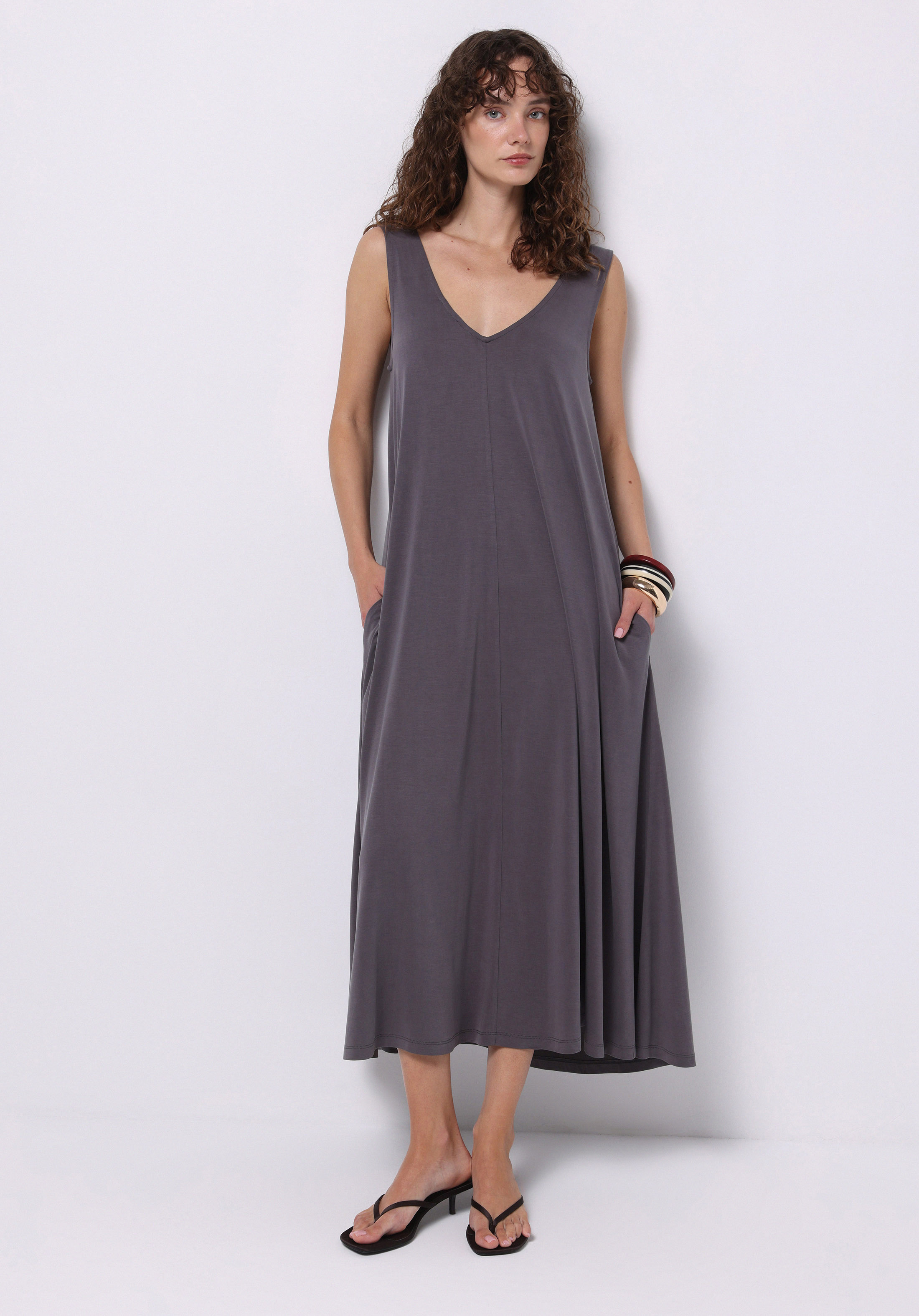 Comfort Fit Düz Kadın Antrasit Askılı Elbise