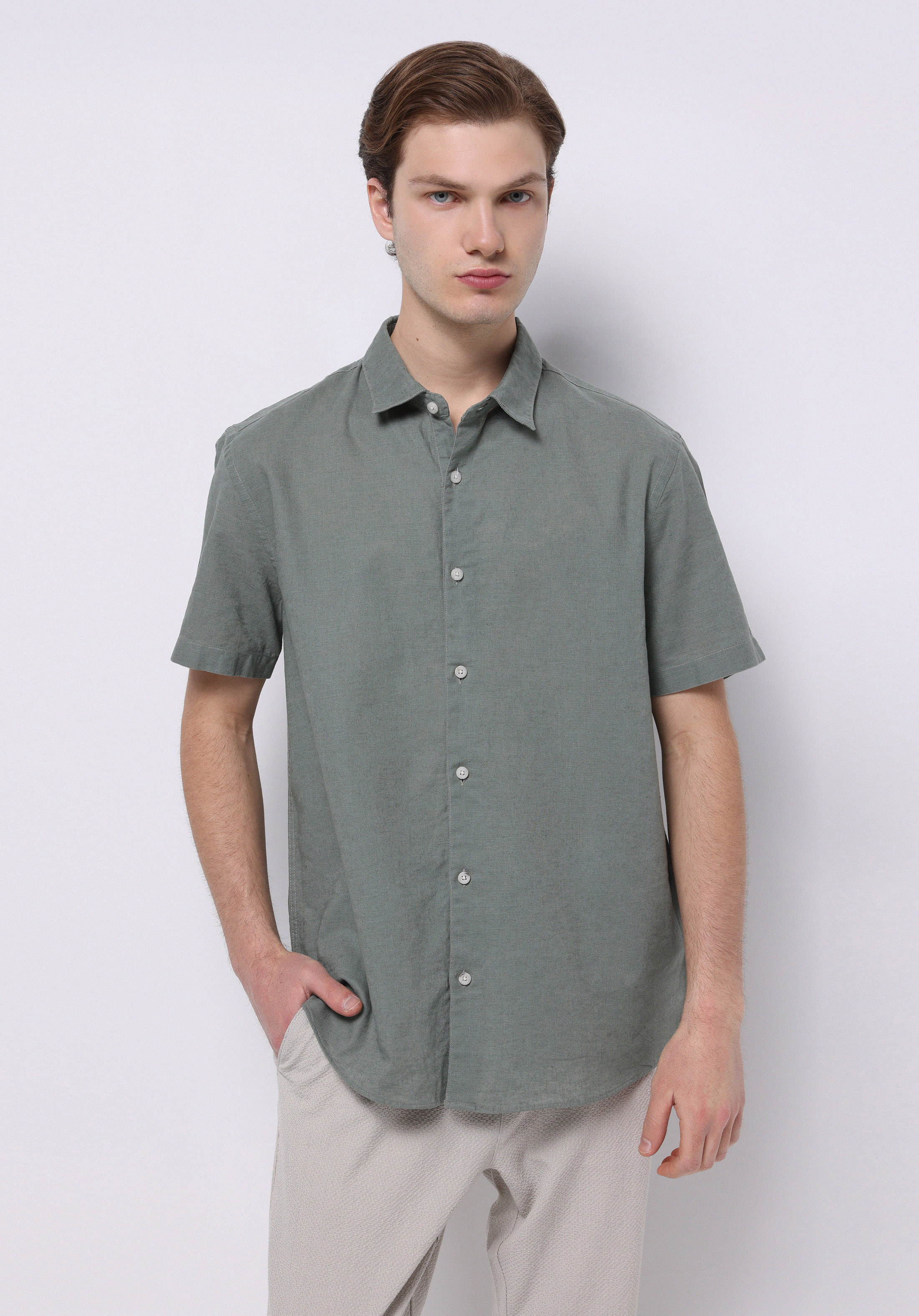 Regular Fit Shirt Neck Düz Erkek Keten Karışımlı Yeşil Kısa Kol Gömlek
