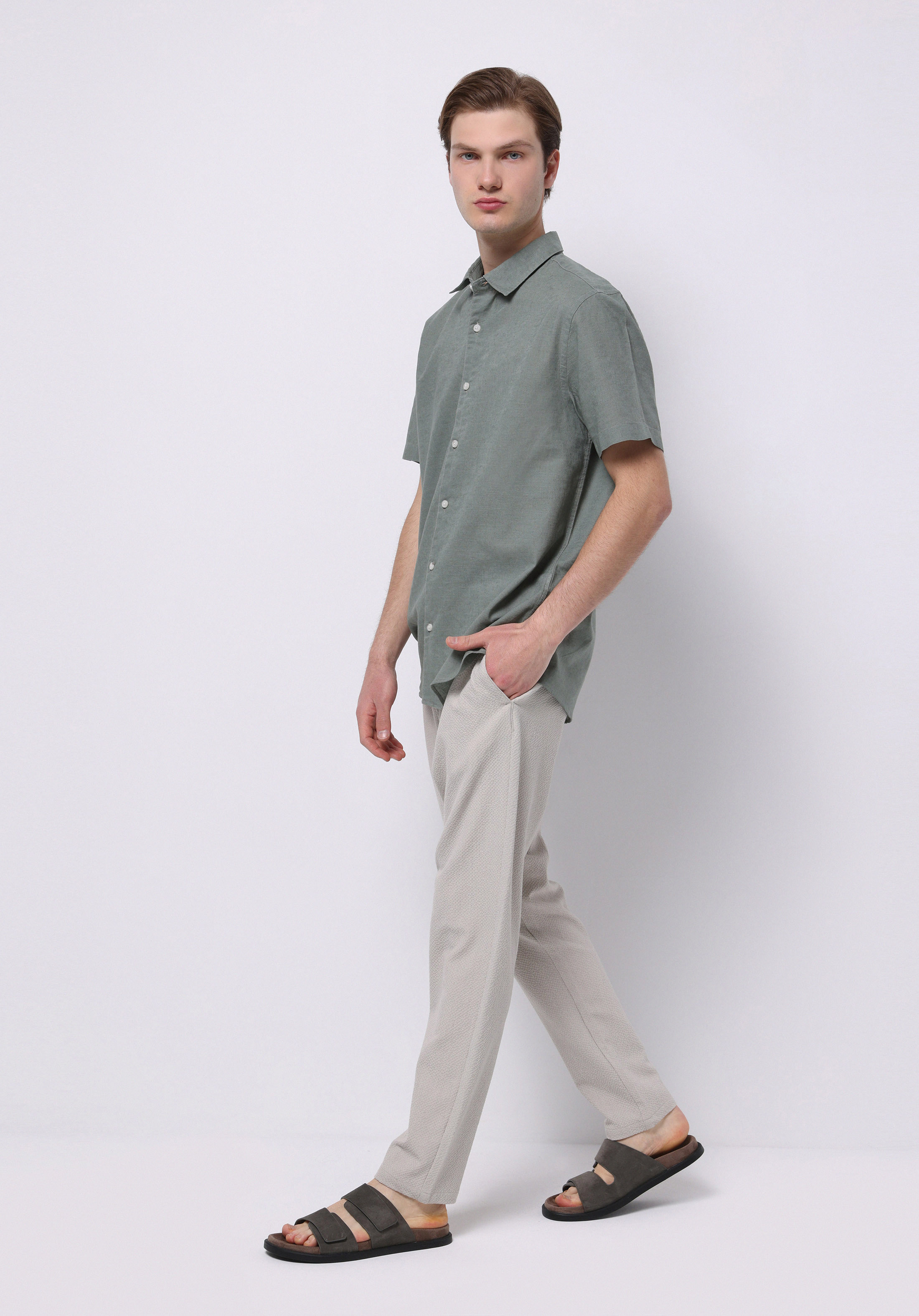 Regular Fit Shirt Neck Düz Erkek Keten Karışımlı Yeşil Kısa Kol Gömlek