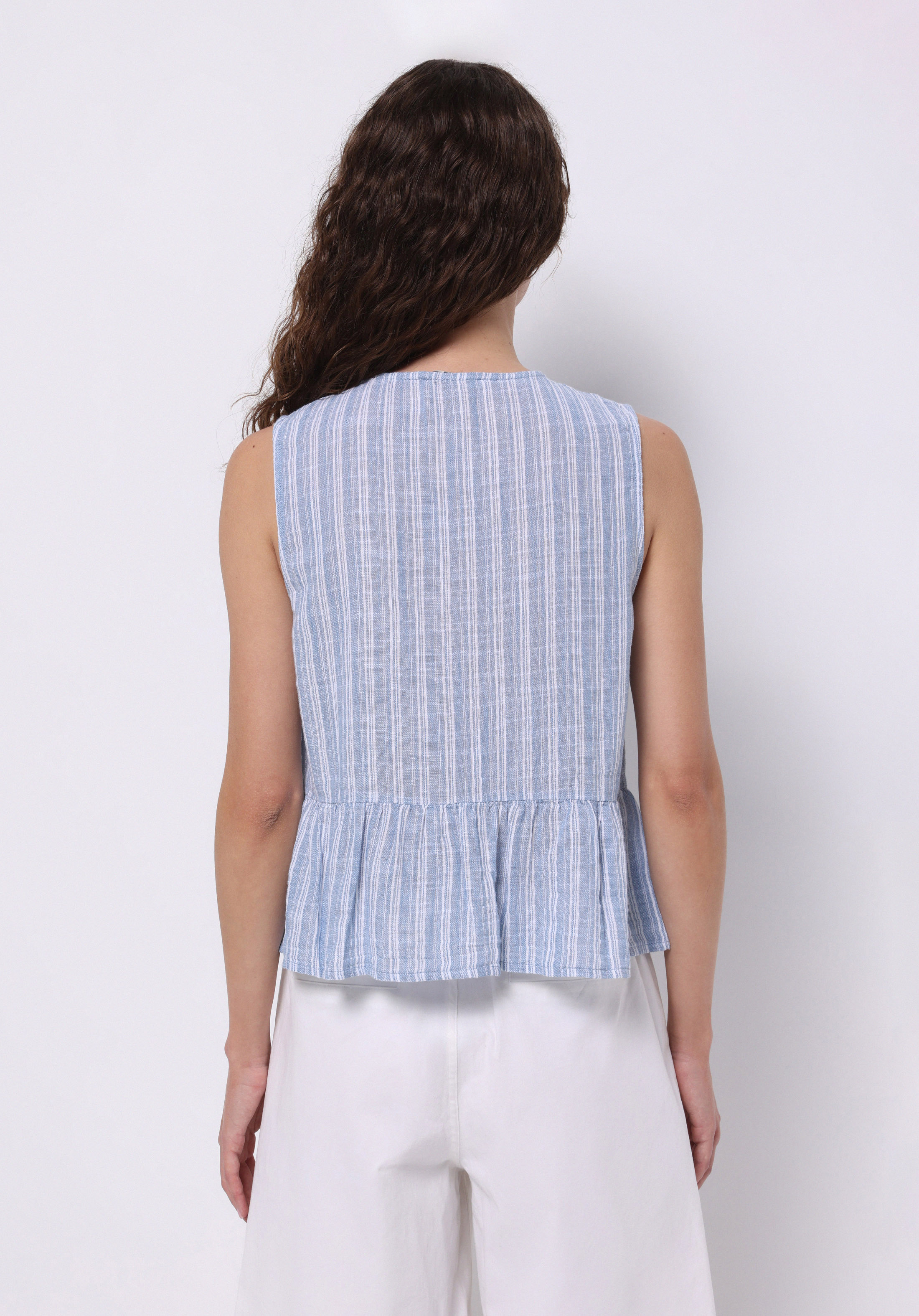 Slim Fit V Yaka Çizgili Kadın Mavi Kolsuz Gömlek