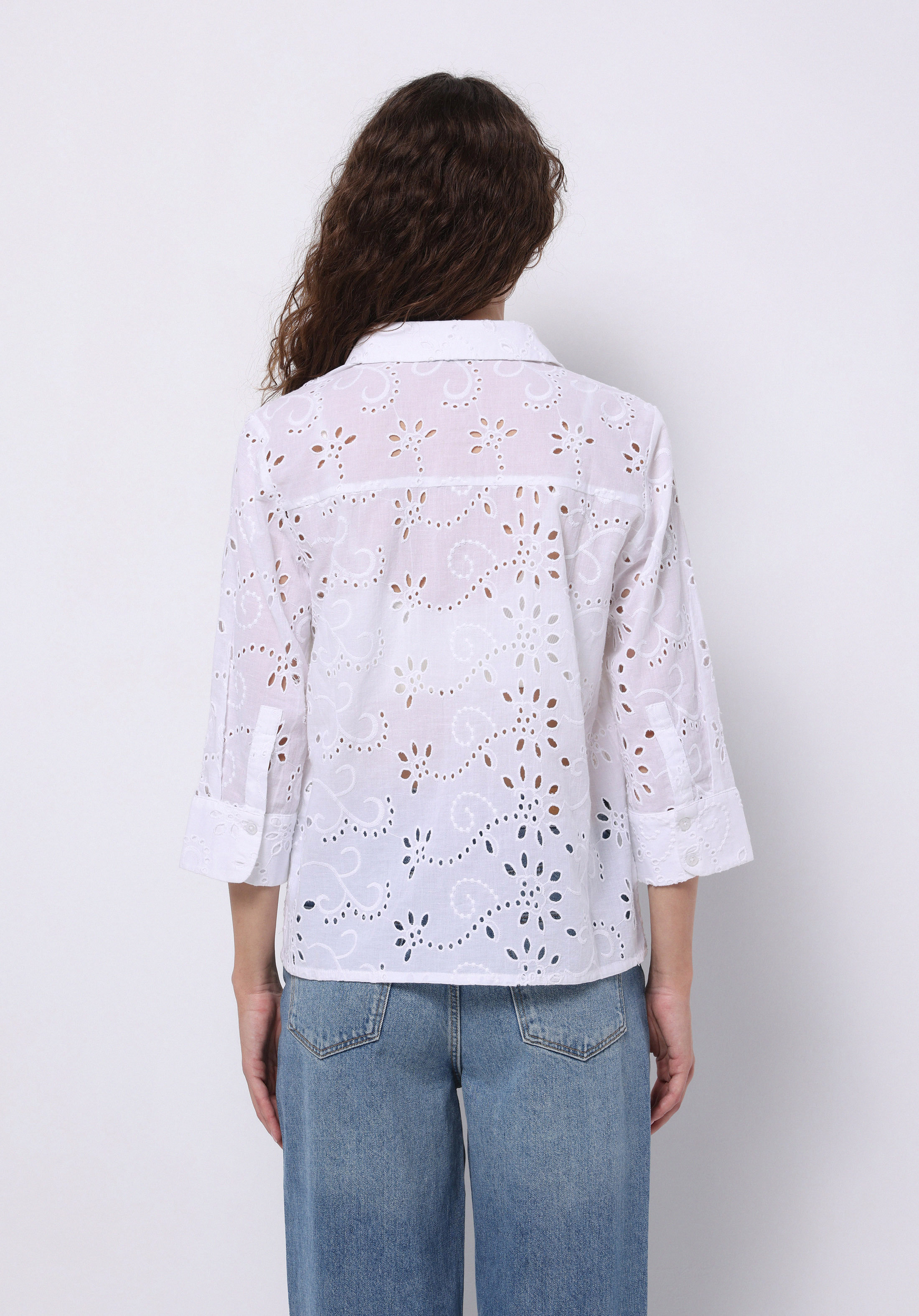 Regular Fit Shirt Neck Nakışlı Kadın Beyaz Uzun Kol Gömlek