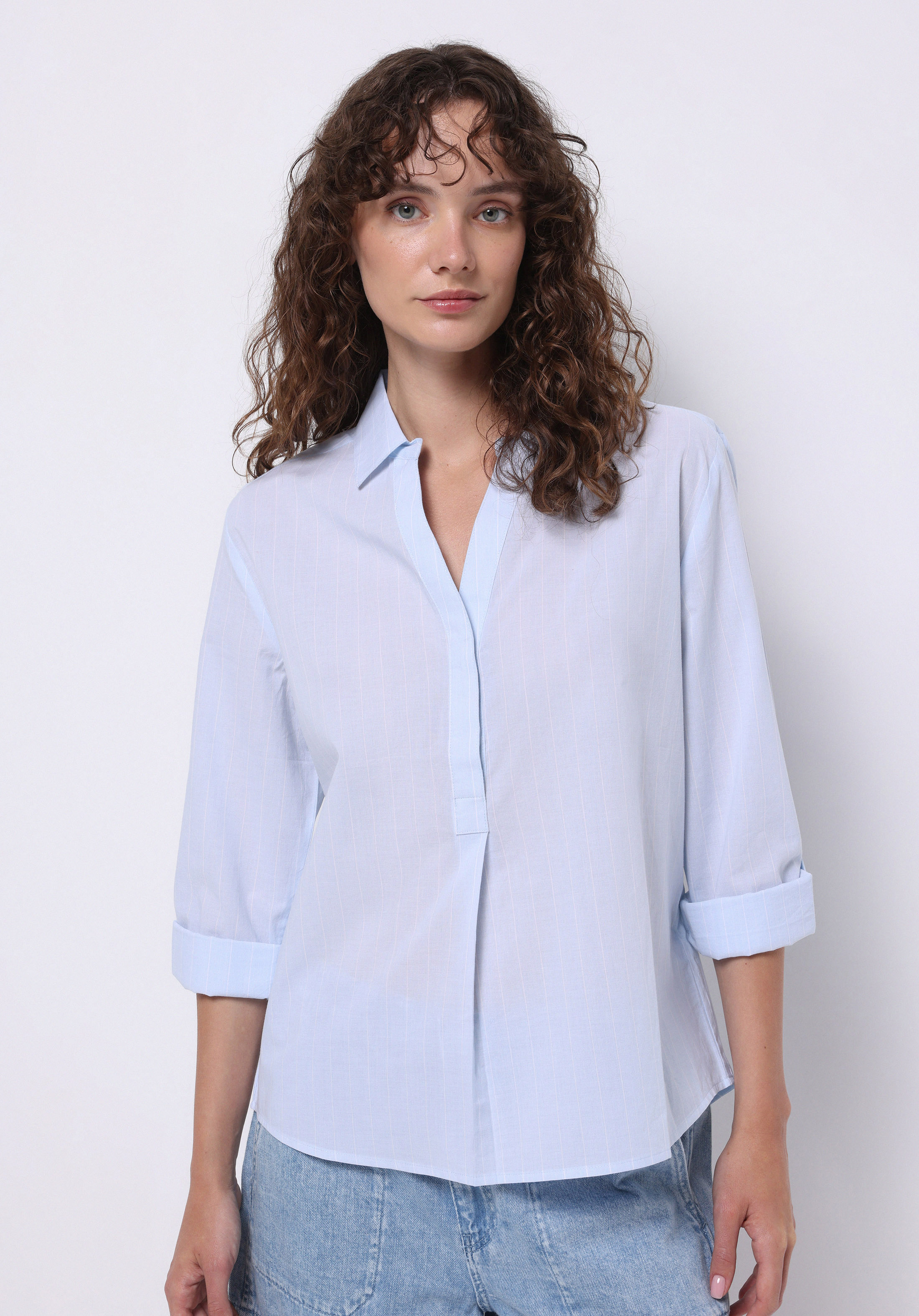 Regular Fit Shirt Neck Çizgili Kadın Mavi Roll-up Gömlek