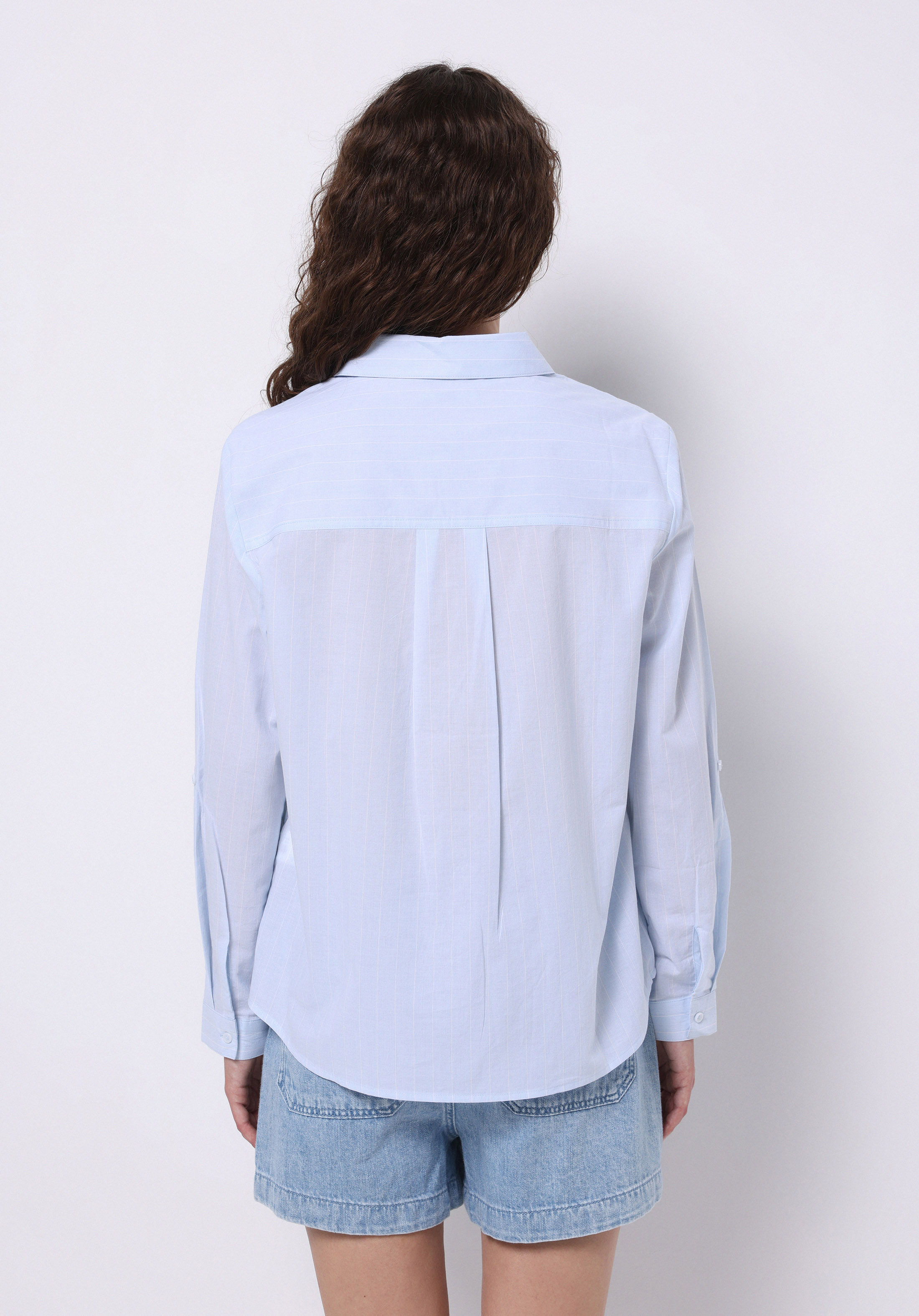 Regular Fit Shirt Neck Çizgili Kadın Mavi Roll-up Gömlek