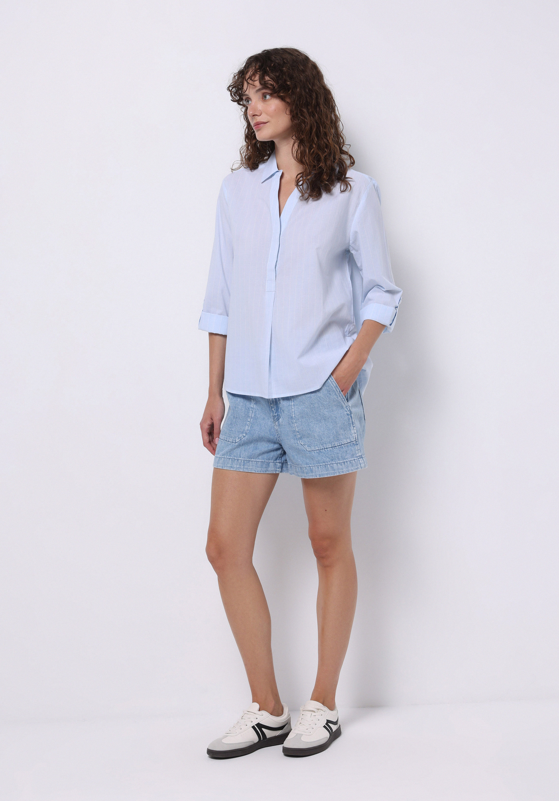 Regular Fit Shirt Neck Çizgili Kadın Mavi Roll-up Gömlek