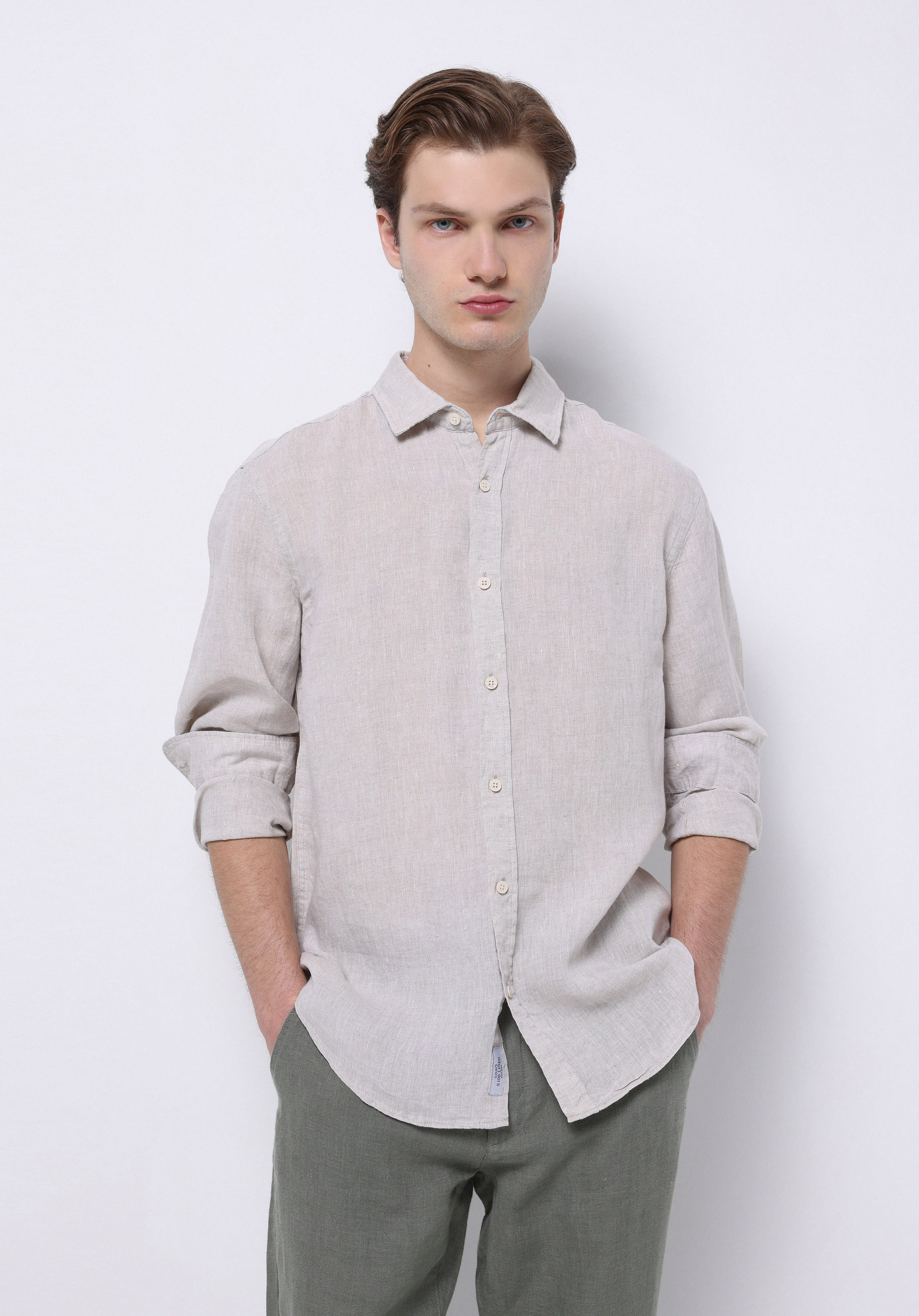 Regular Fit Shirt Neck Düz Erkek Keten Karışımlı Bej Uzun Kol Gömlek