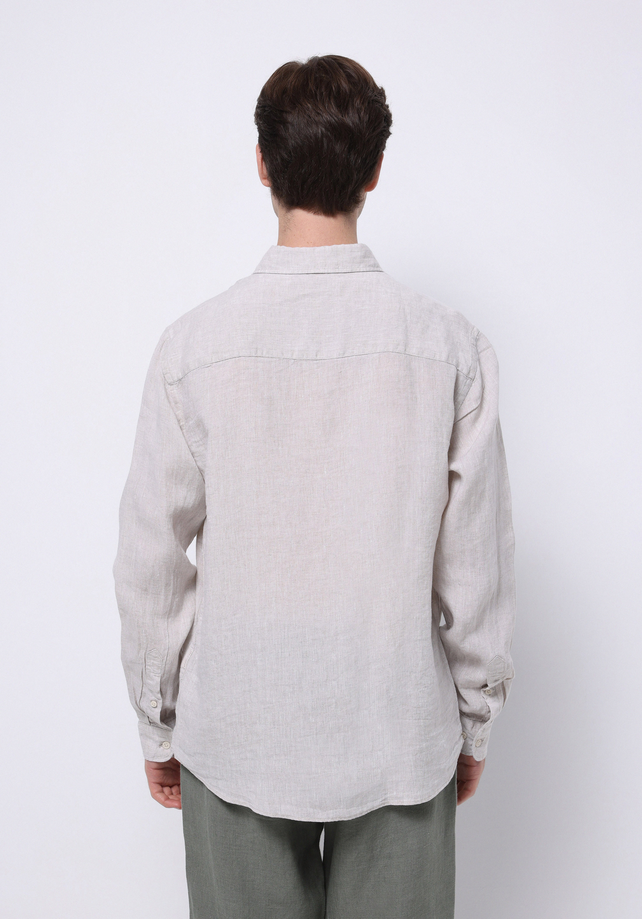 Regular Fit Shirt Neck Düz Erkek Keten Karışımlı Bej Uzun Kol Gömlek
