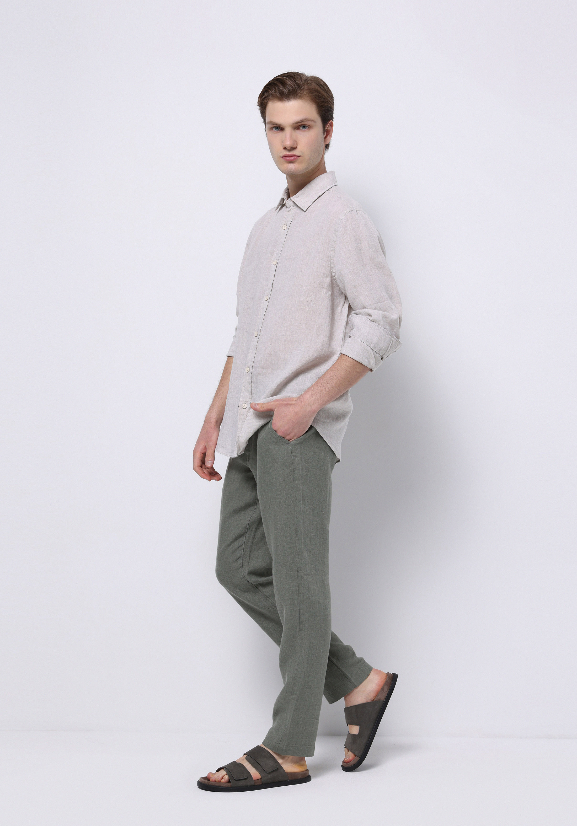 Regular Fit Shirt Neck Düz Erkek Keten Karışımlı Bej Uzun Kol Gömlek