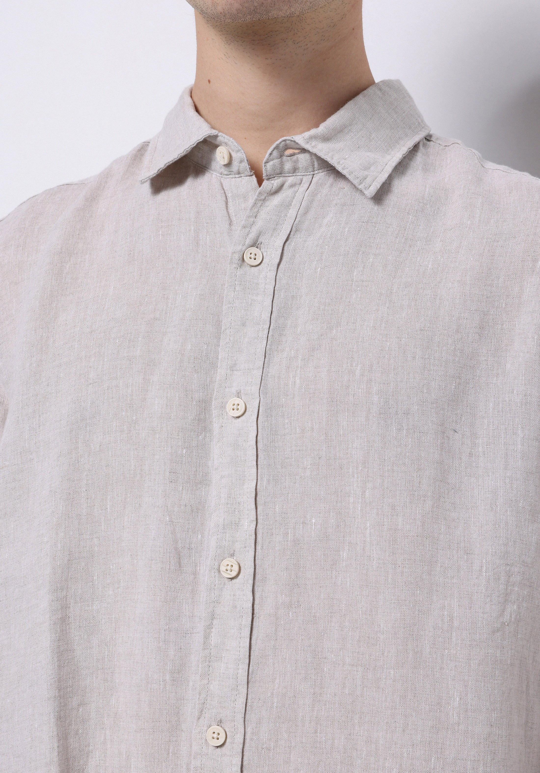 Regular Fit Shirt Neck Düz Erkek Keten Karışımlı Bej Uzun Kol Gömlek