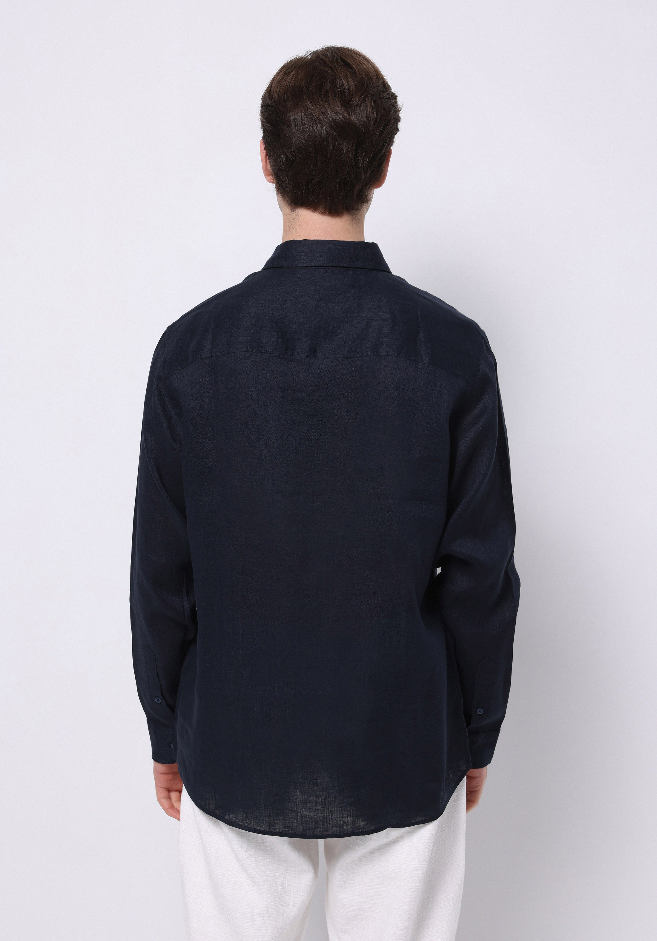 Regular Fit Shirt Neck Düz Erkek Keten Karışımlı Lacivert Uzun Kol Gömlek