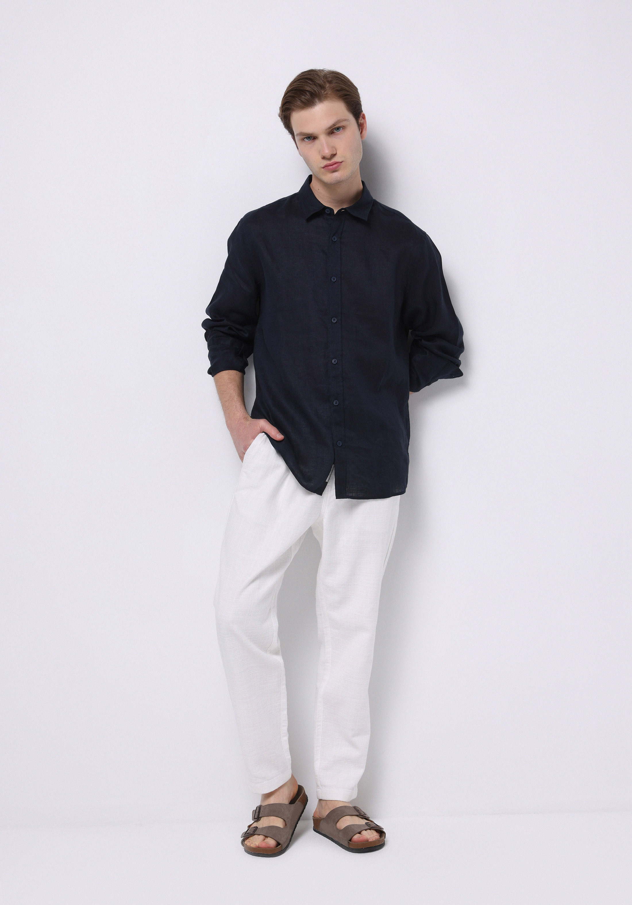 Regular Fit Shirt Neck Düz Erkek Keten Karışımlı Lacivert Uzun Kol Gömlek