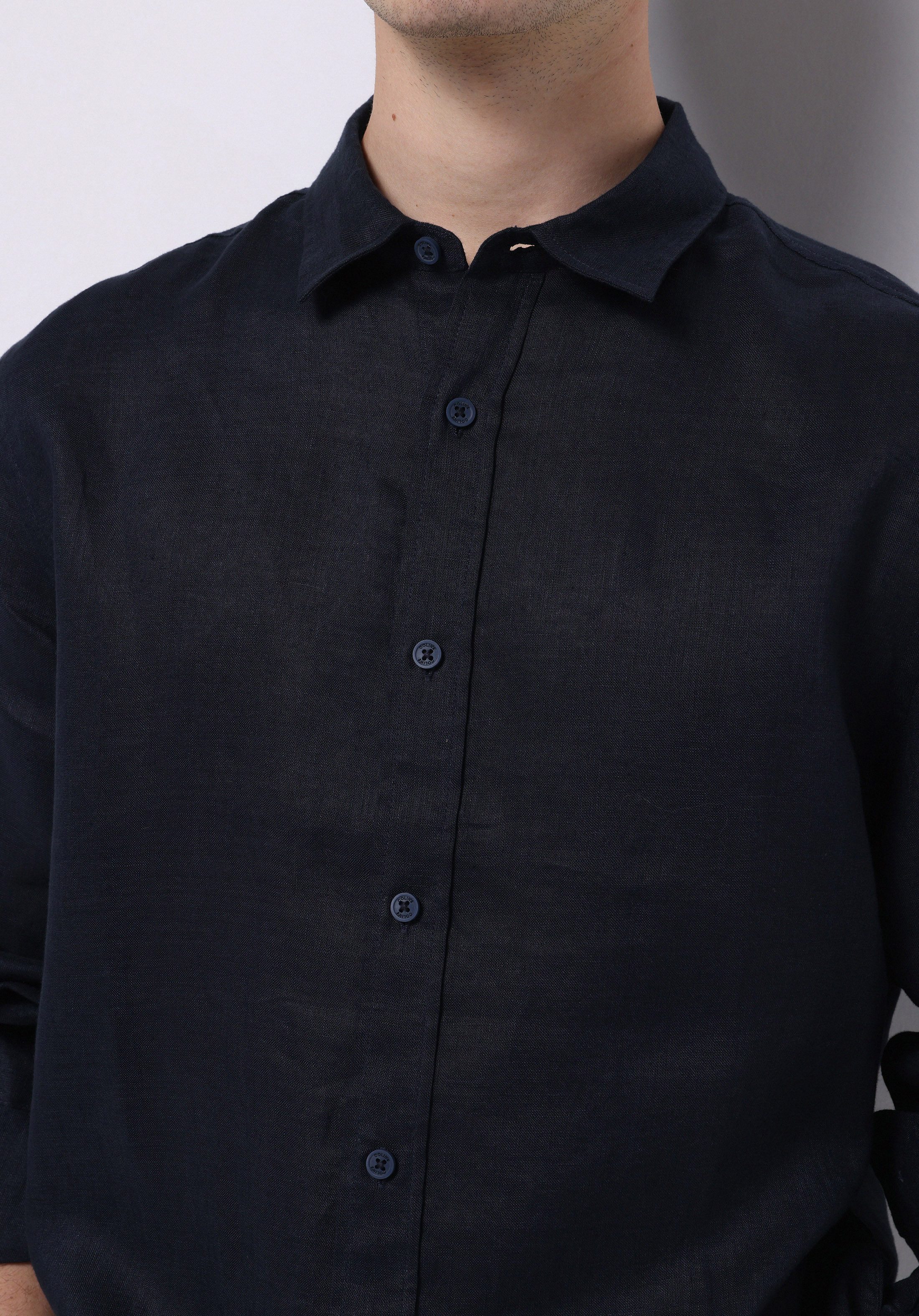 Regular Fit Shirt Neck Düz Erkek Keten Karışımlı Lacivert Uzun Kol Gömlek