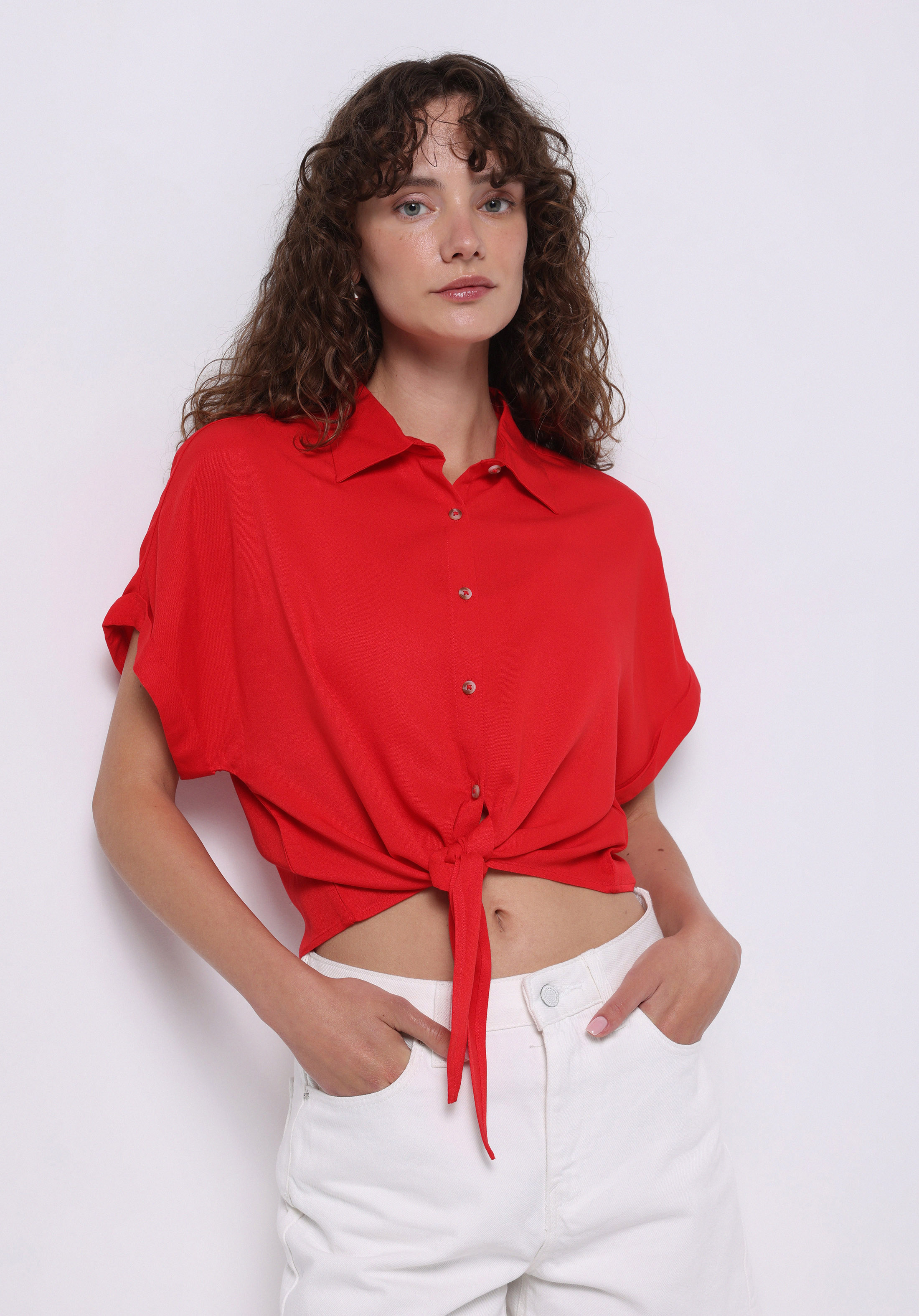 Regular Fit Shirt Neck Düz Kadın Kirmizi Kısa Kol Gömlek