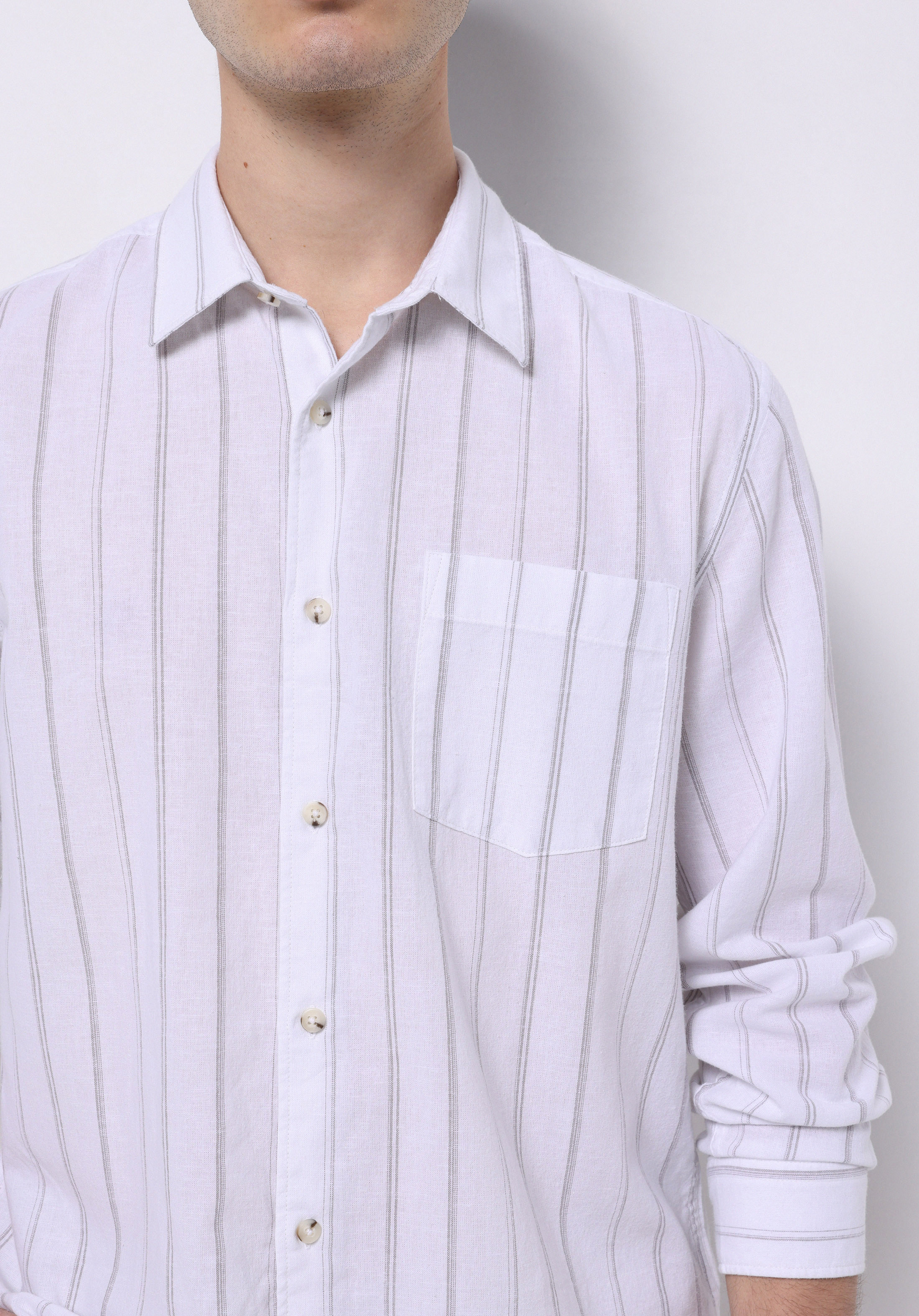 Regular Fit Shirt Neck Çizgili Erkek Keten Karışımlı Beyaz Uzun Kol Gömlek