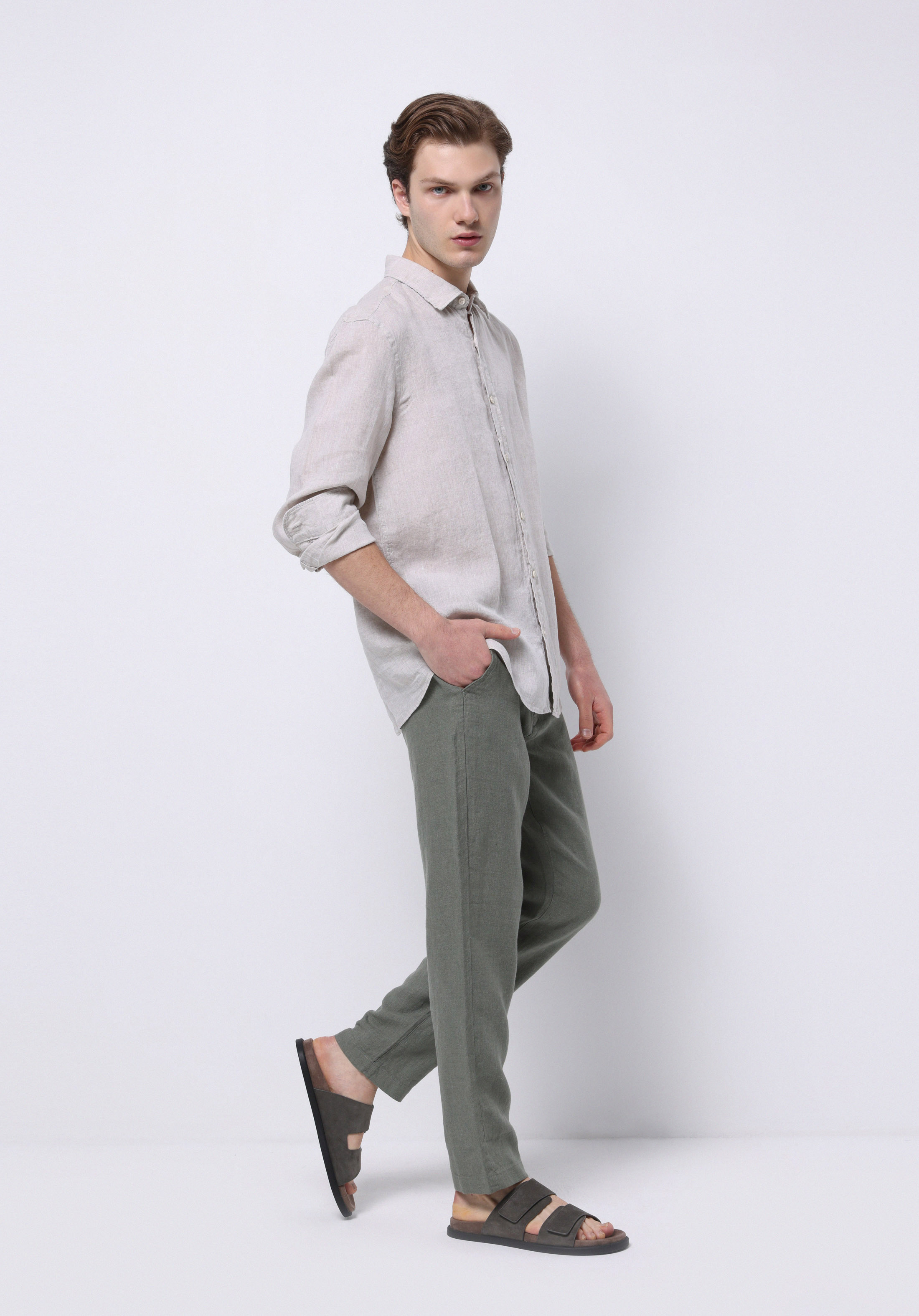 Regular Fit Orta Bel Uzun Paça Erkek Keten Yeşil  Pantolon