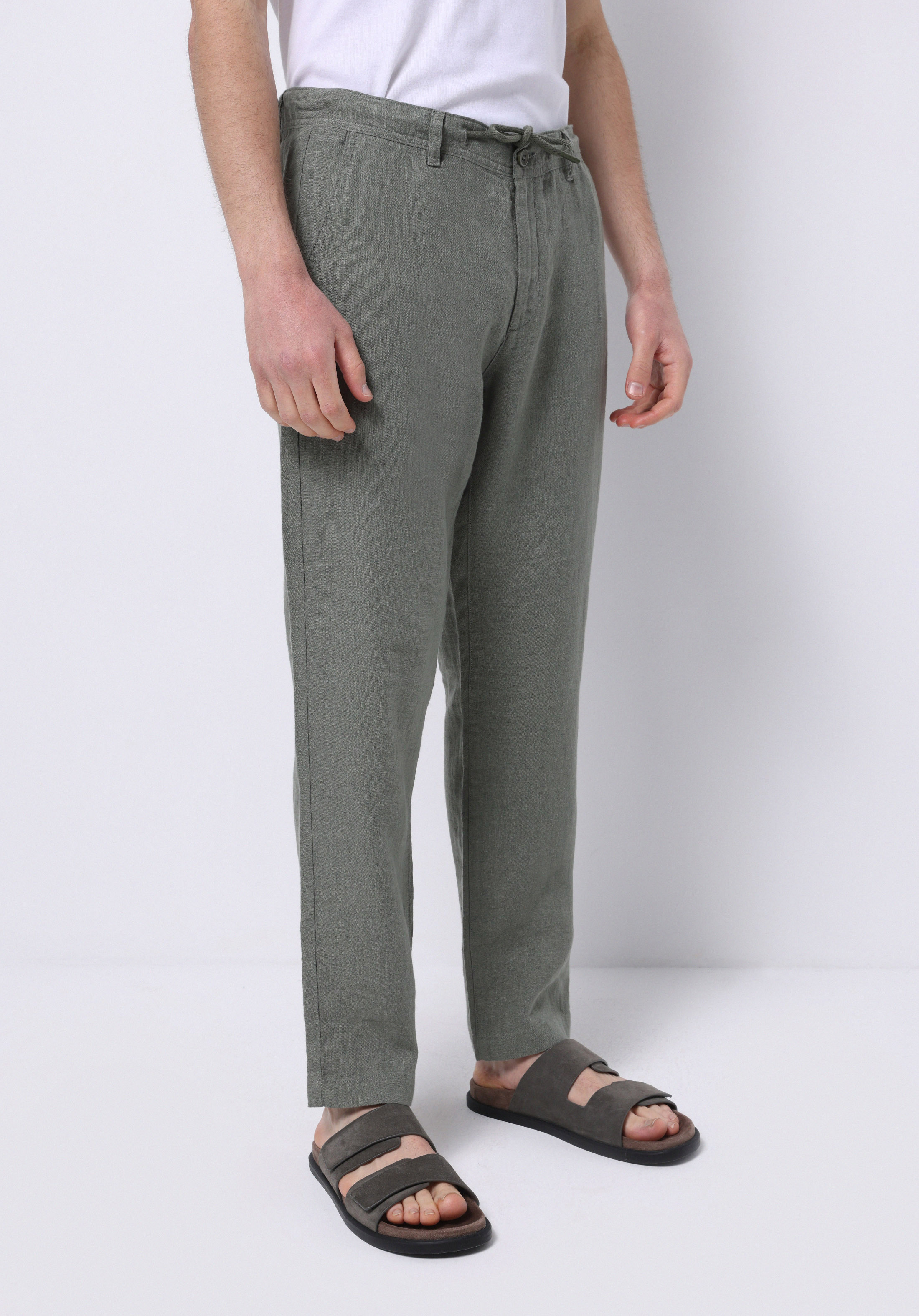 Regular Fit Orta Bel Uzun Paça Erkek Keten Yeşil  Pantolon