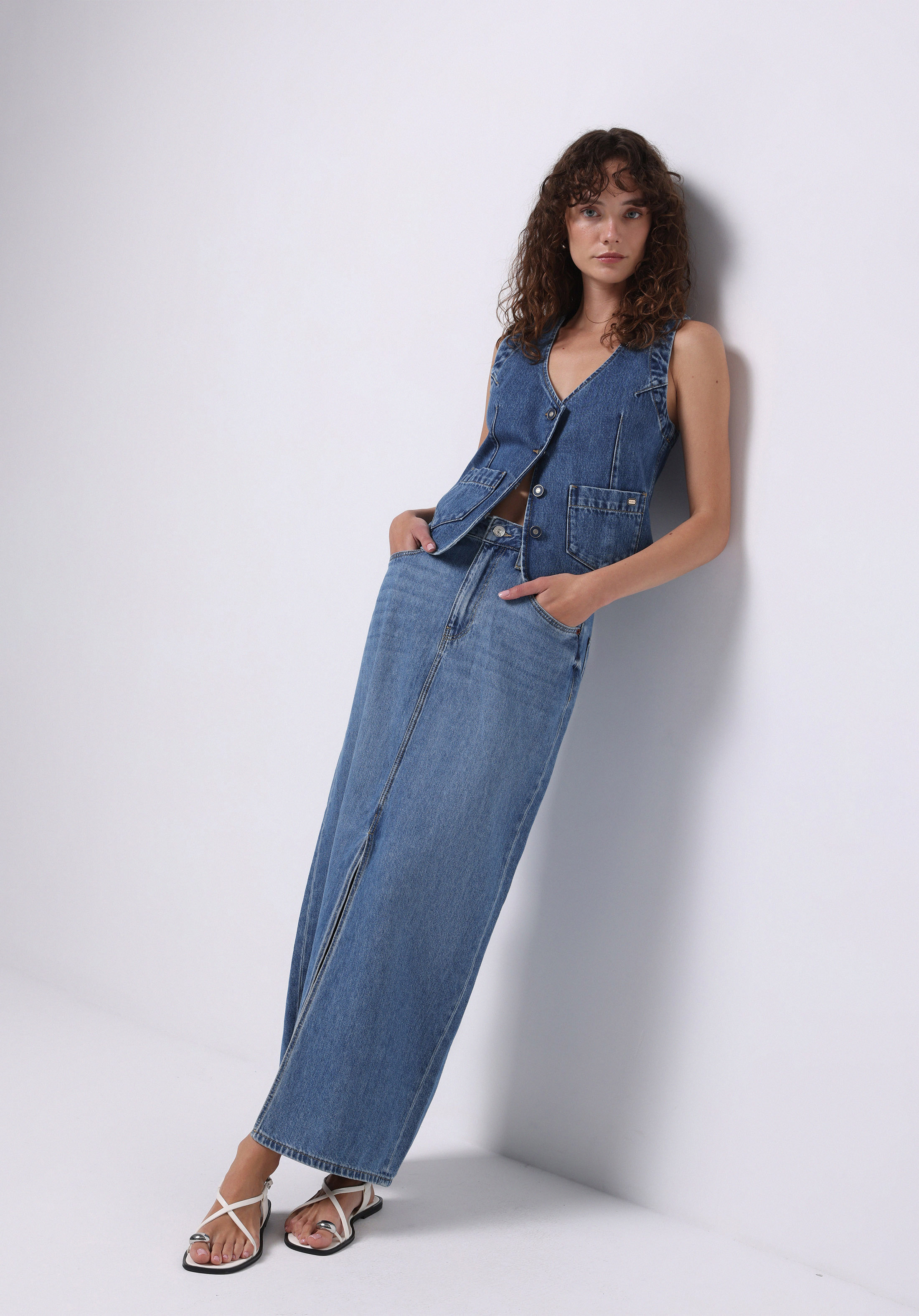 Slim Fit Düz Düğmeli Kadın Mavi Etek