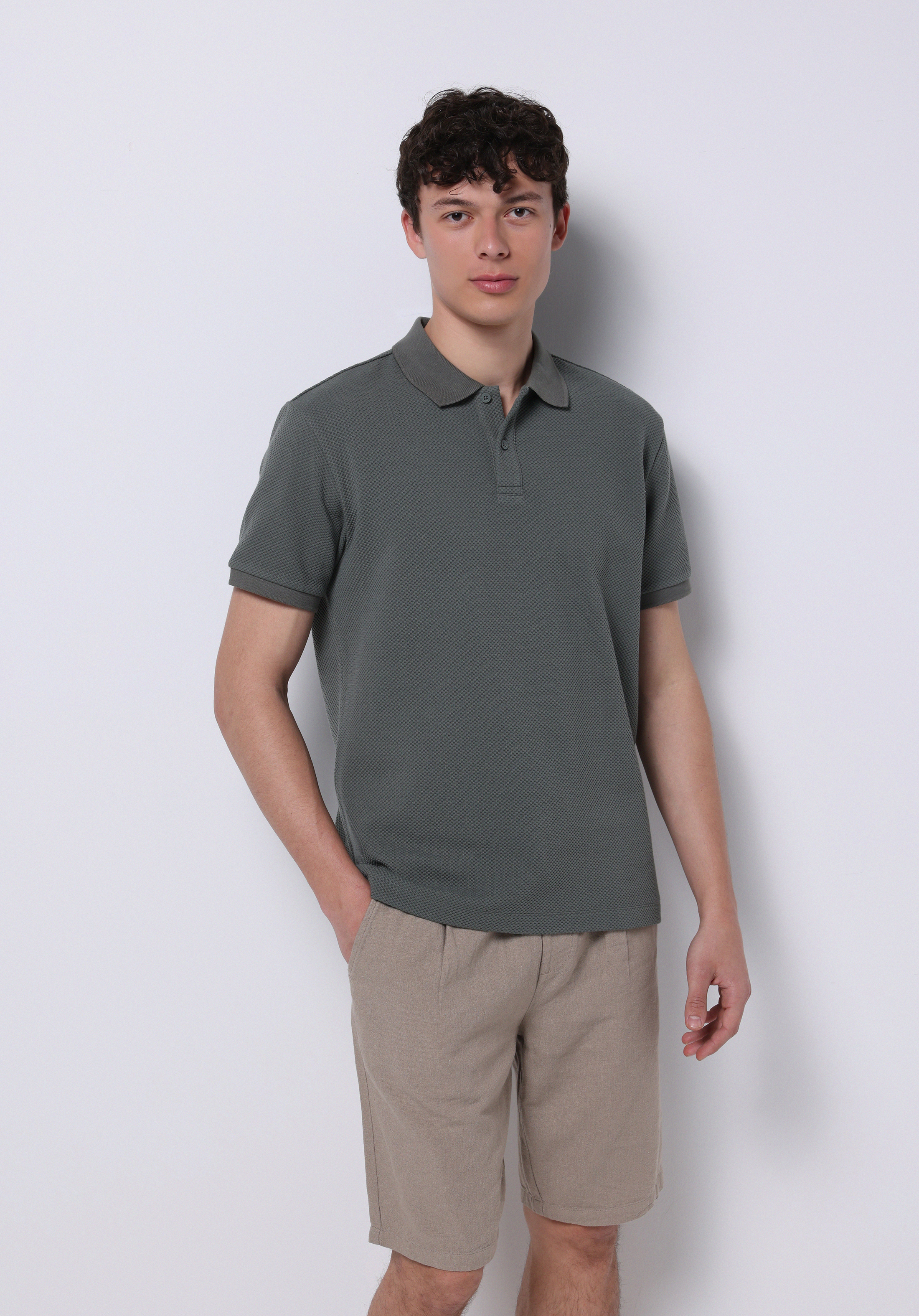 Regular Fit Polo Yaka Jakarlı Erkek Yeşil Kısa Kol Tişört
