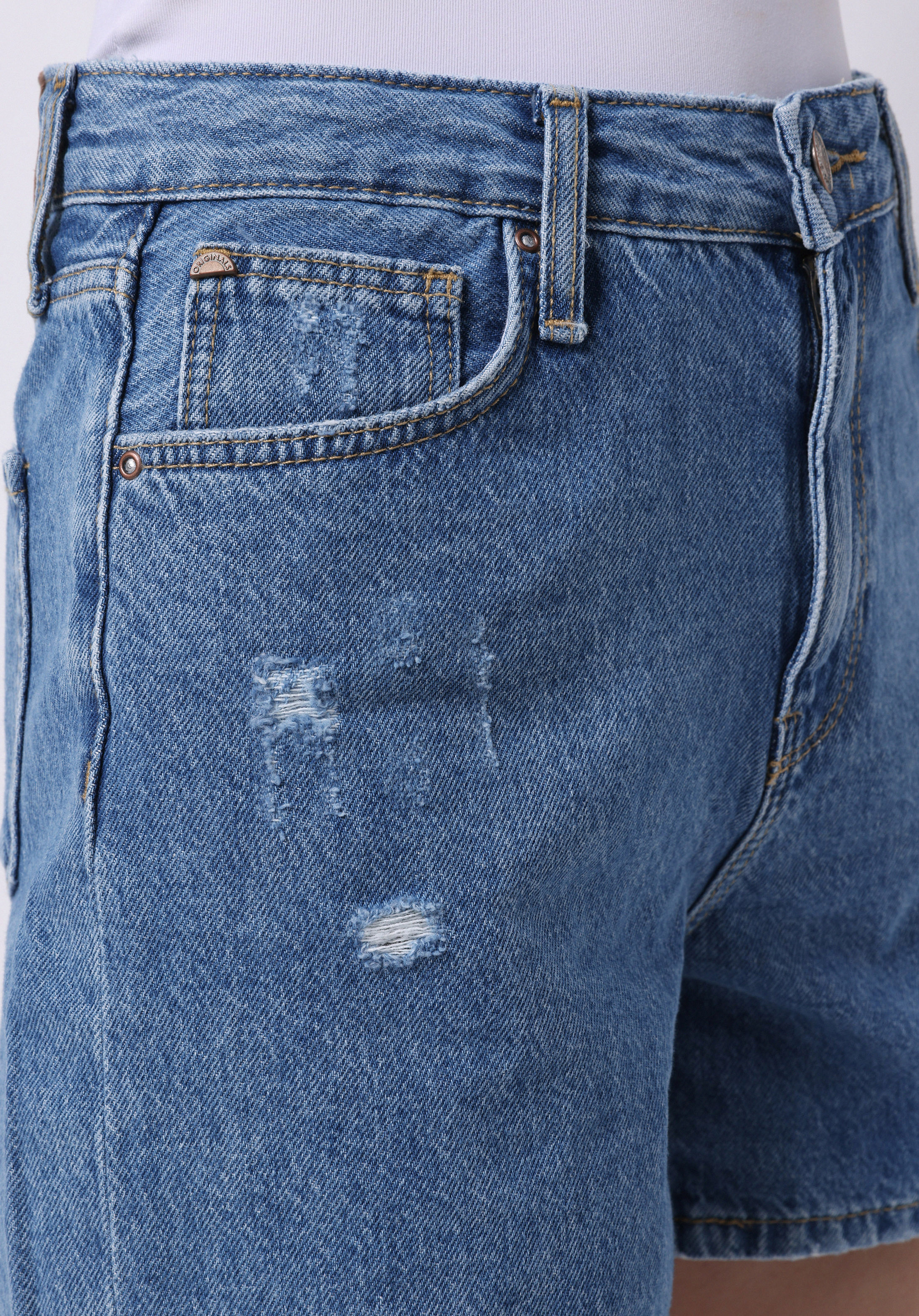Mom Fit Yüksel Bel Düz Kadın İndigo Jean Şort