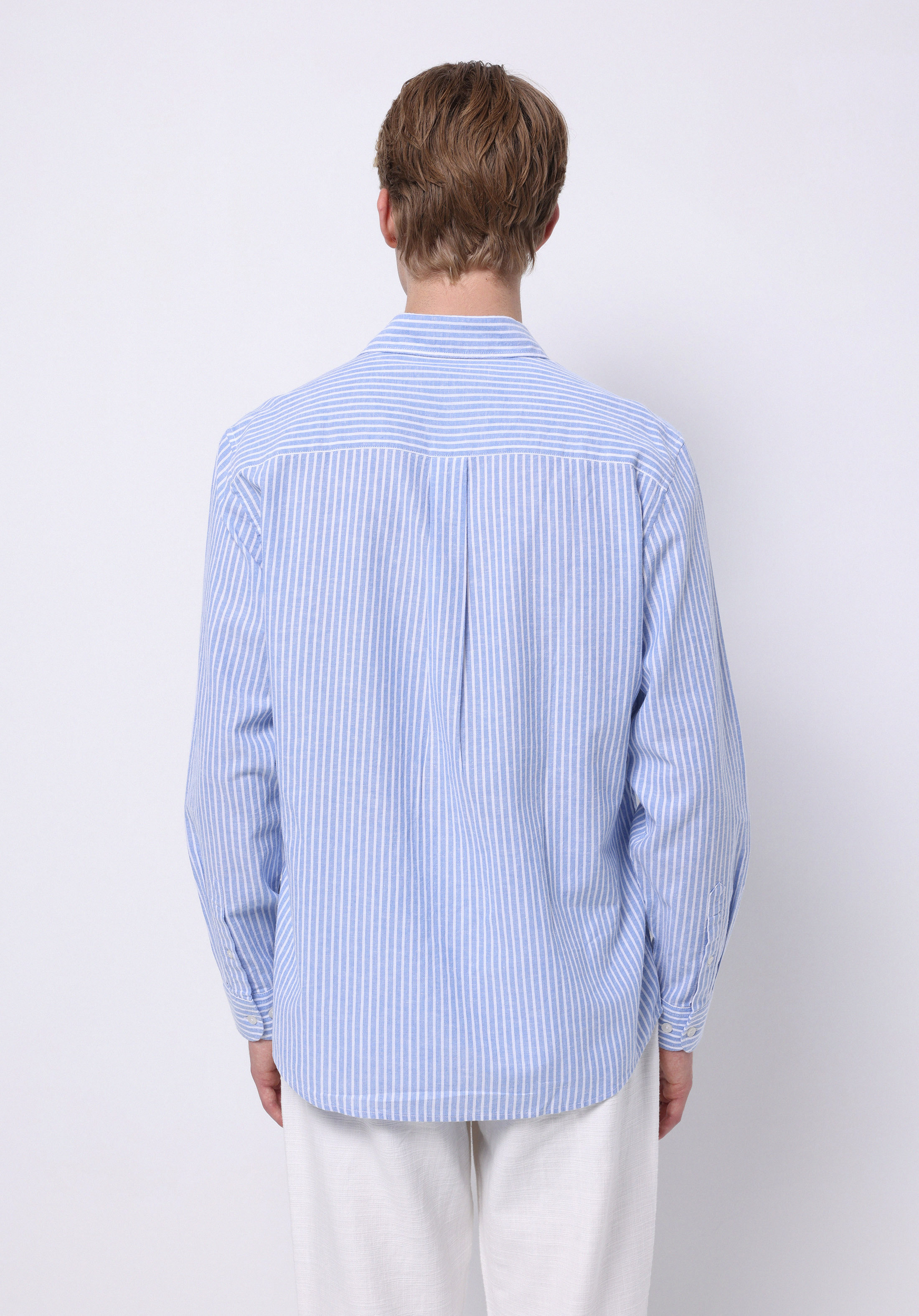 Regular Fit Shirt Neck Çizgili Erkek Keten Karışımlı Mavi Uzun Kol Gömlek