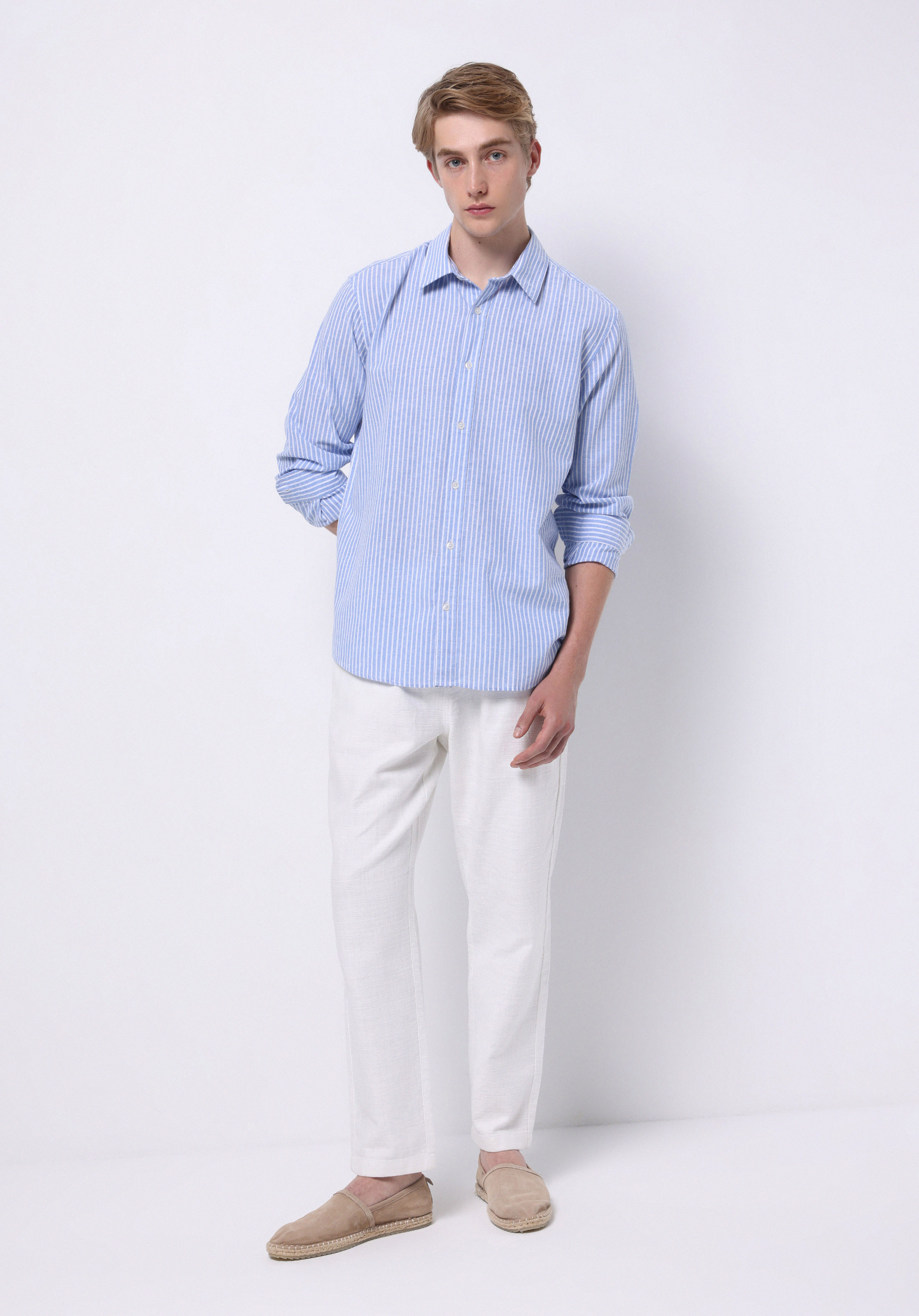 Regular Fit Shirt Neck Çizgili Erkek Keten Karışımlı Mavi Uzun Kol Gömlek