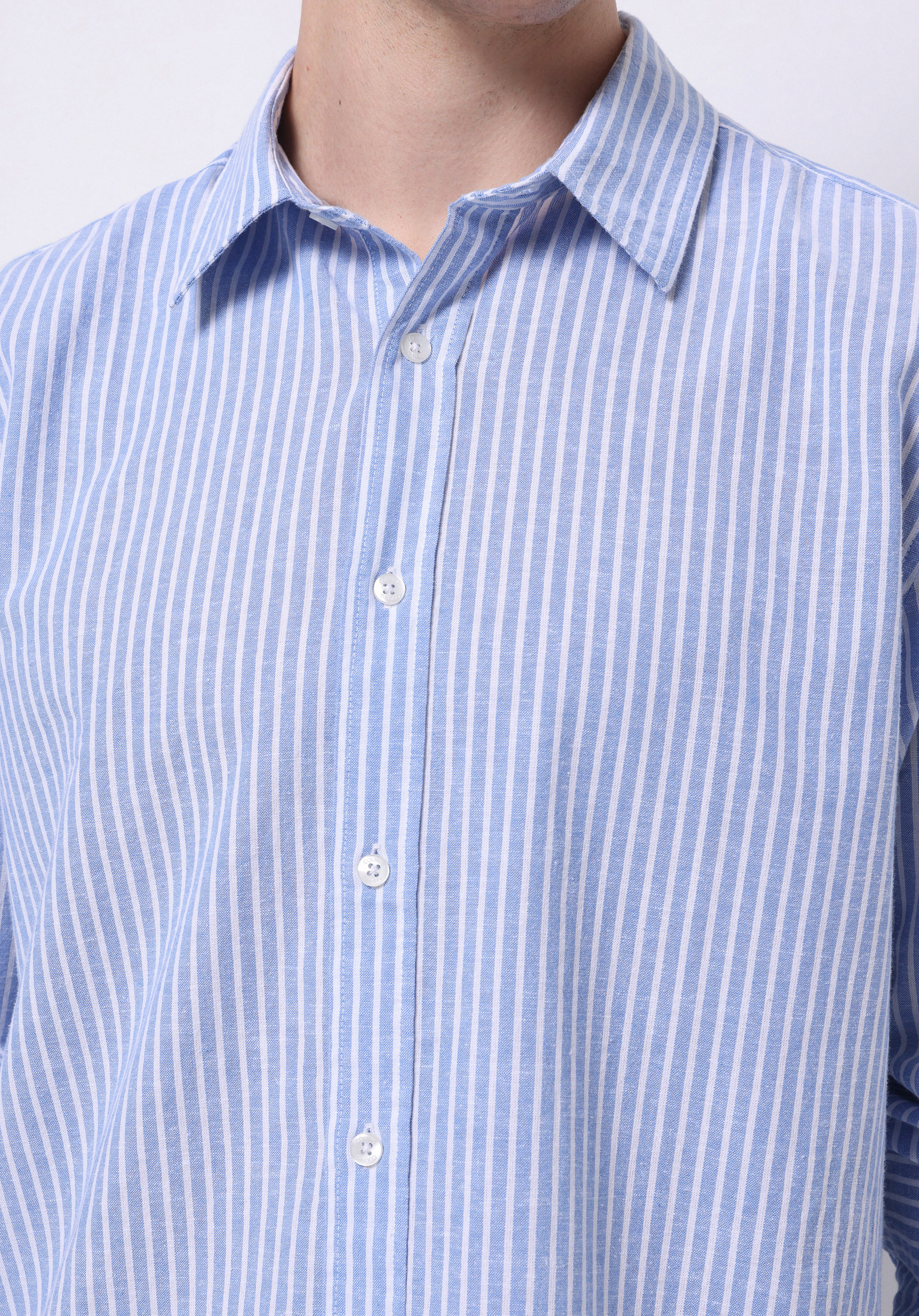 Regular Fit Shirt Neck Çizgili Erkek Keten Karışımlı Mavi Uzun Kol Gömlek