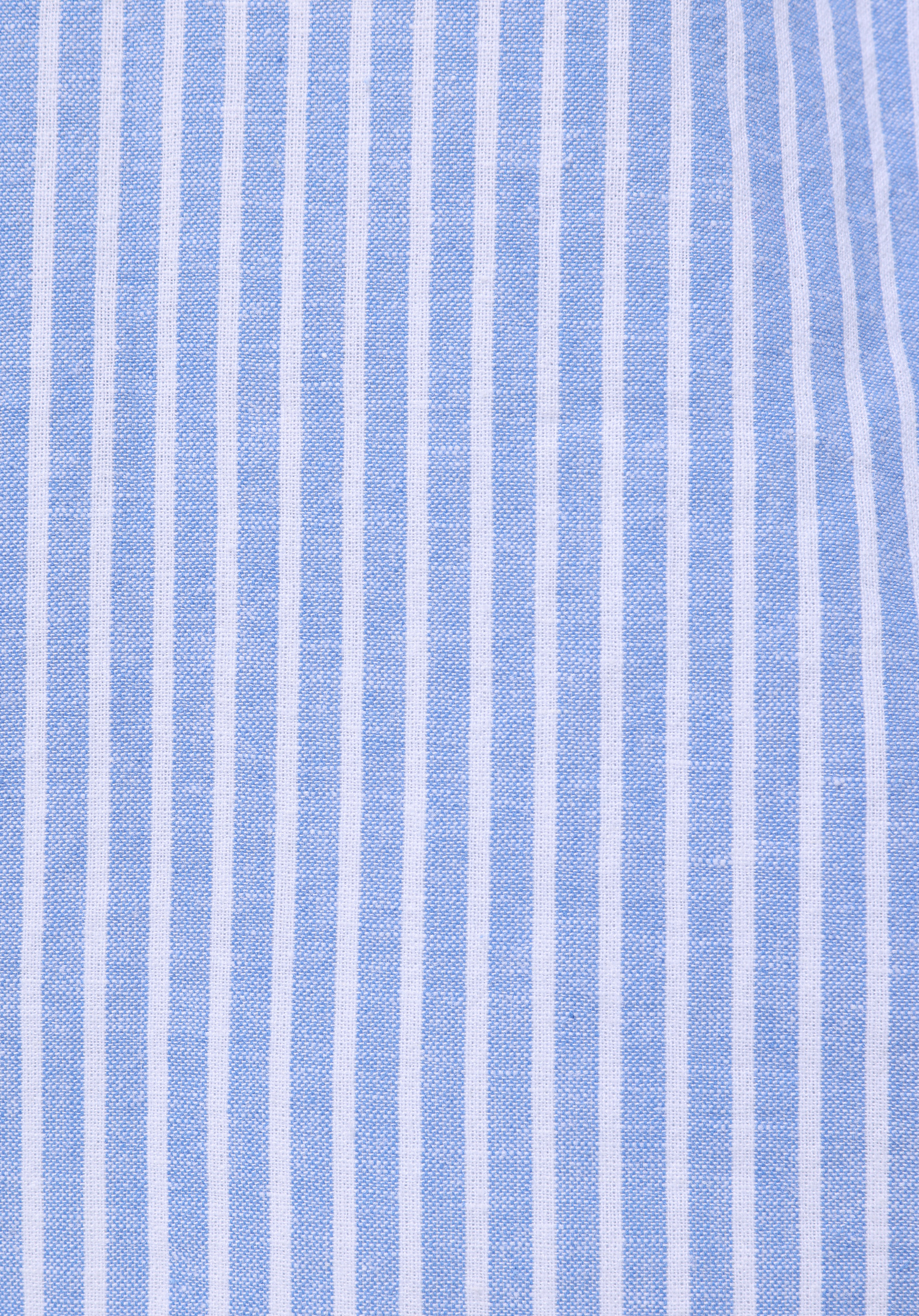 Regular Fit Shirt Neck Çizgili Erkek Keten Karışımlı Mavi Uzun Kol Gömlek