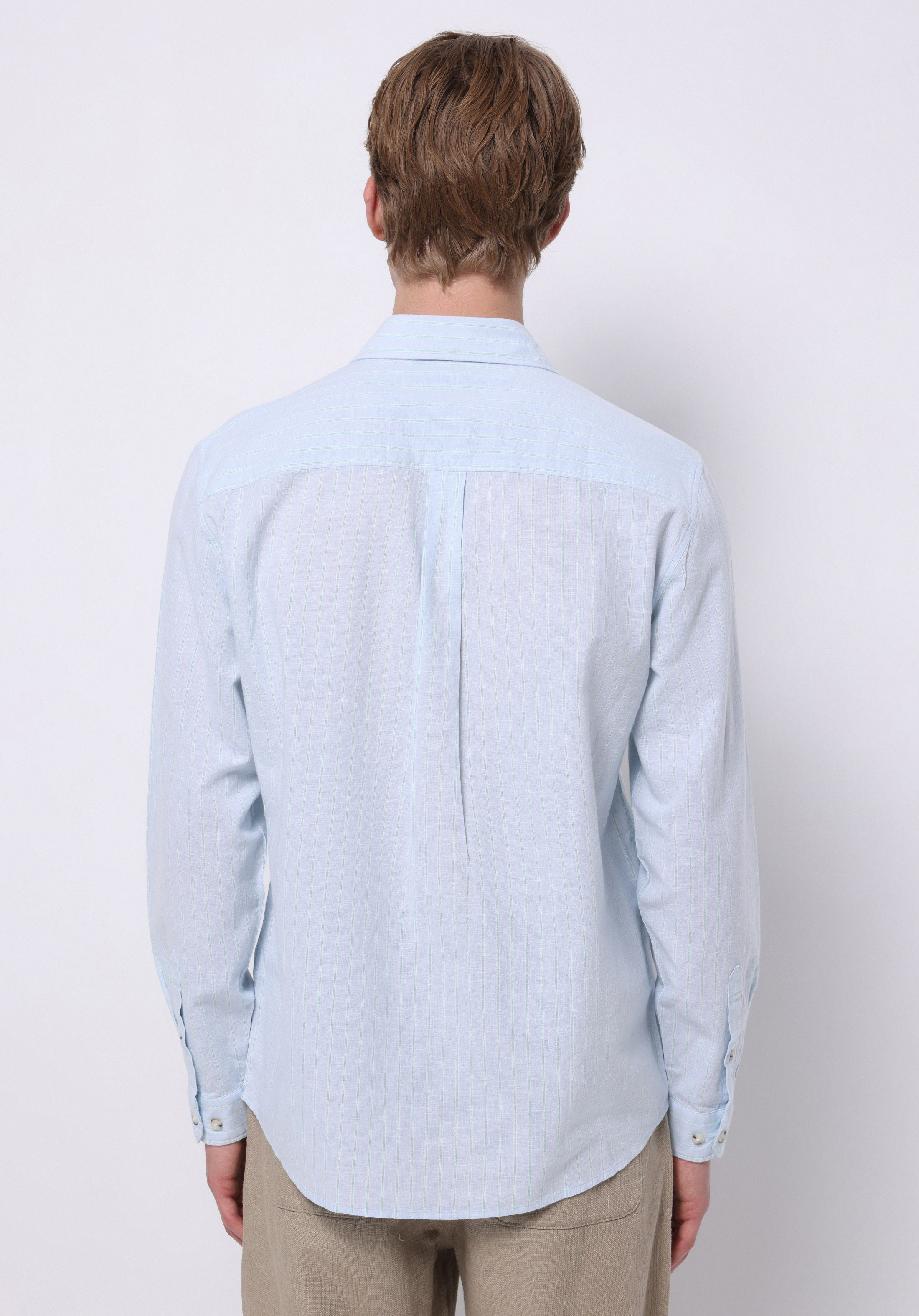 Regular Fit Shirt Neck Düz Erkek Keten Karışımlı Açik mavi Uzun Kol Gömlek