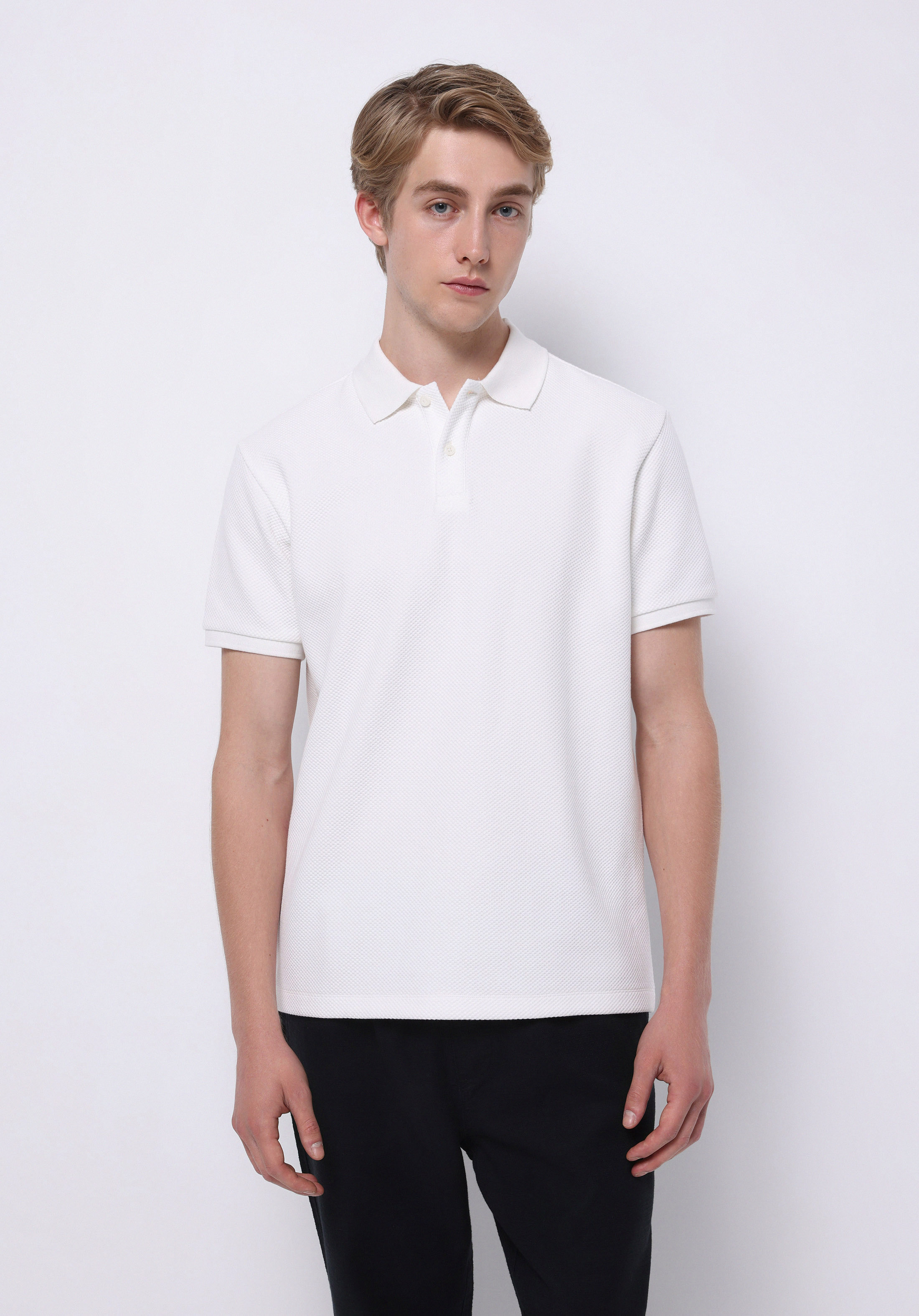 Regular Fit Polo Yaka Jakarlı Erkek Beyaz Kısa Kol Tişört